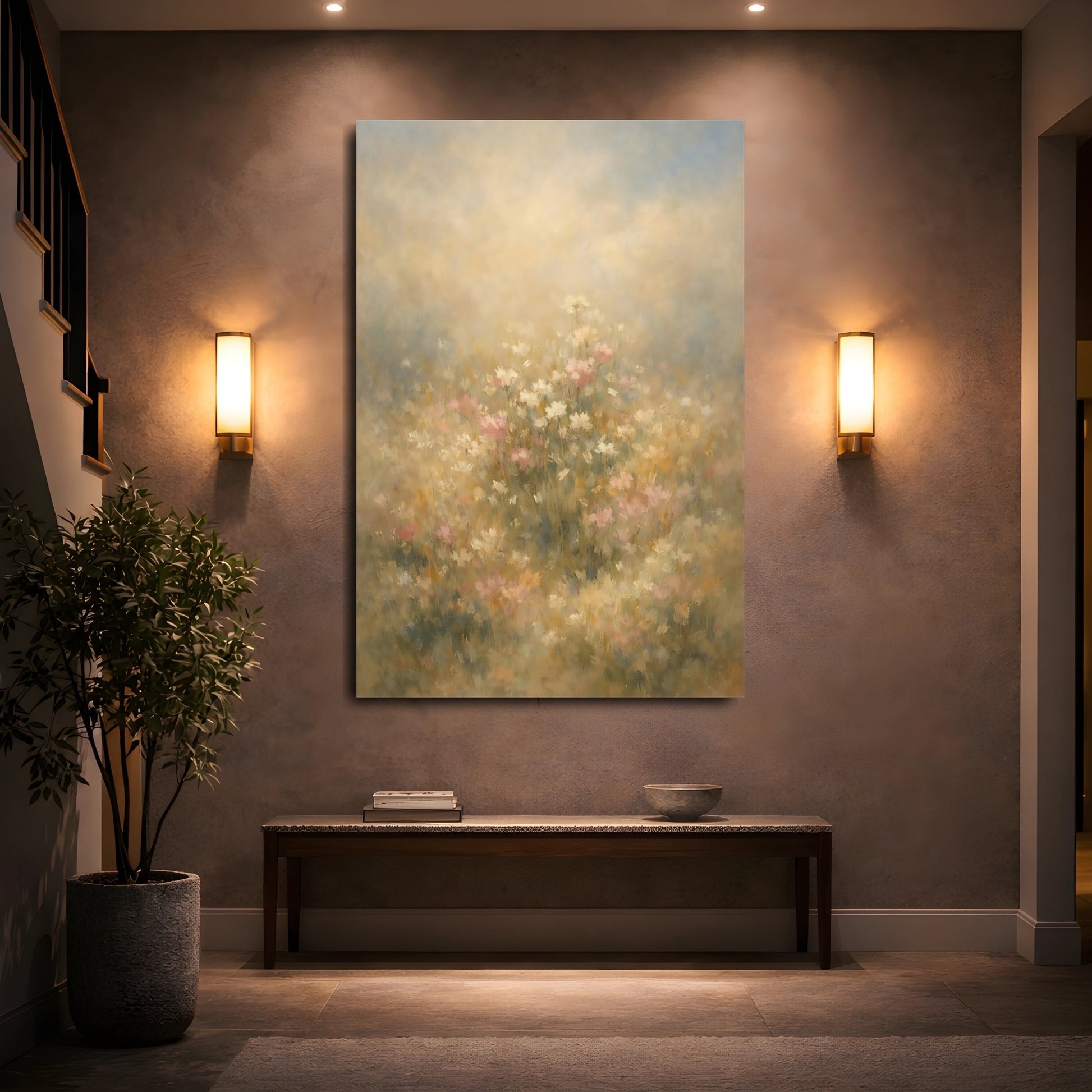 Mockup 4. Floral Wildflowers Muted Floral Field shown as stretched canvas wall art