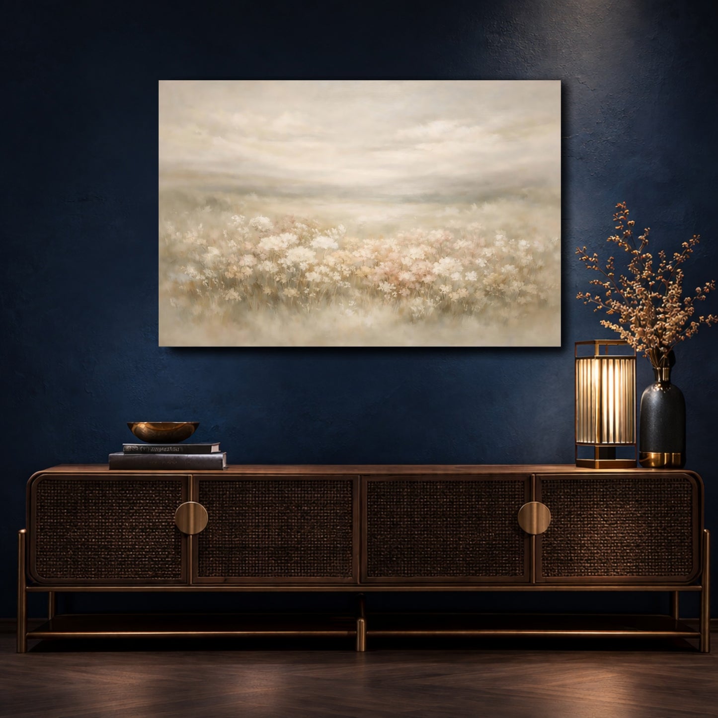 Mockup 4. Floral Wildflowers Neutral Floral shown as stretched canvas wall art
