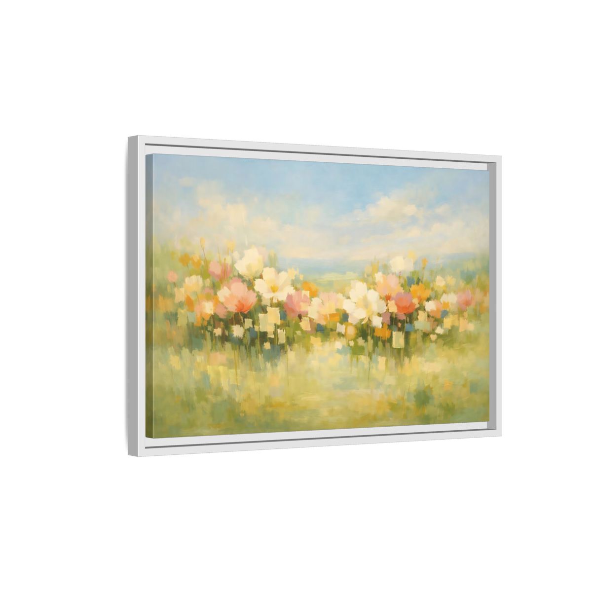 Side Mockup 1. Floral Wildflowers Pastel Floral Field shown as stretched canvas wall art