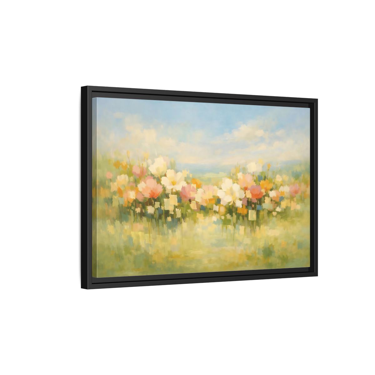 Side Mockup 3. Floral Wildflowers Pastel Floral Field shown as stretched canvas wall art
