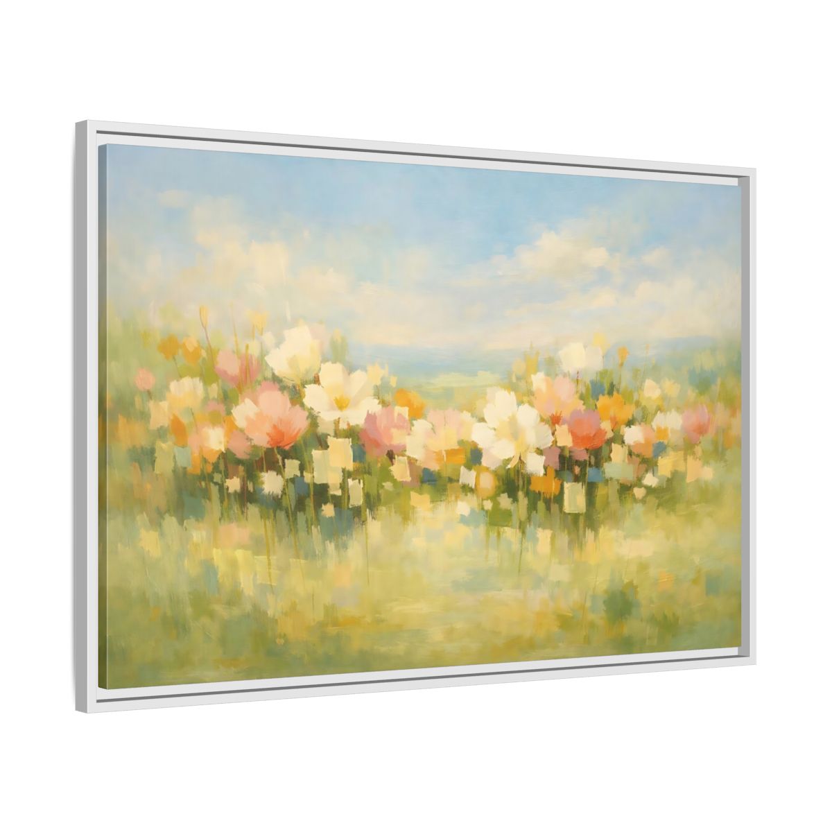 Side Mockup 8. Floral Wildflowers Pastel Floral Field shown as stretched canvas wall art
