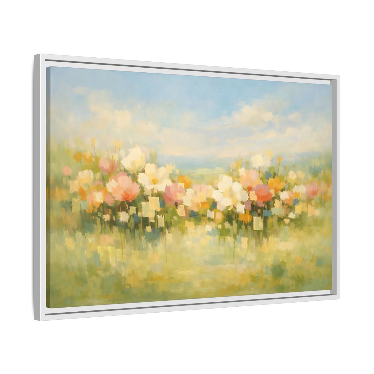 Side Mockup 10. Floral Wildflowers Pastel Floral Field shown as stretched canvas wall art