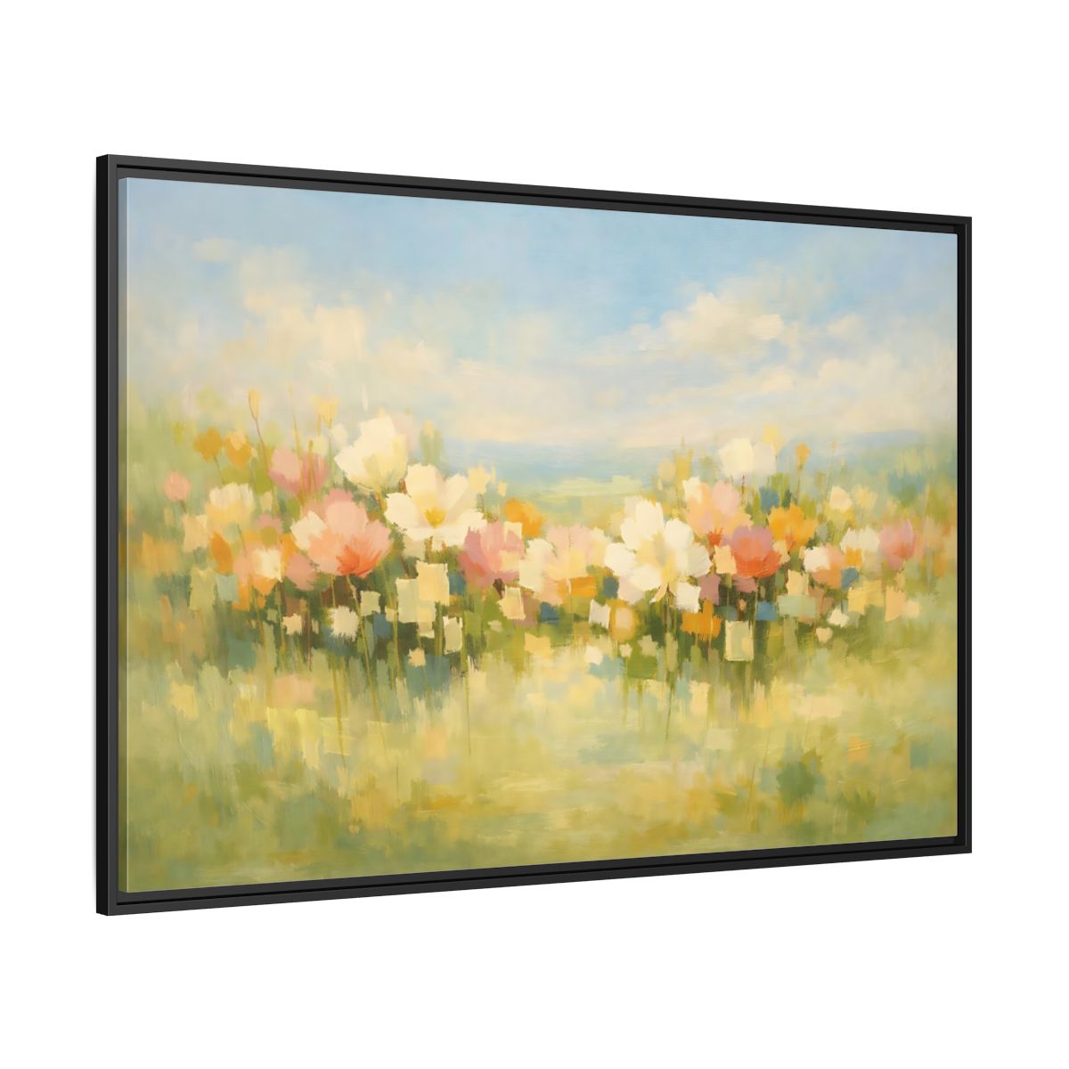 Side Mockup 12. Floral Wildflowers Pastel Floral Field shown as stretched canvas wall art