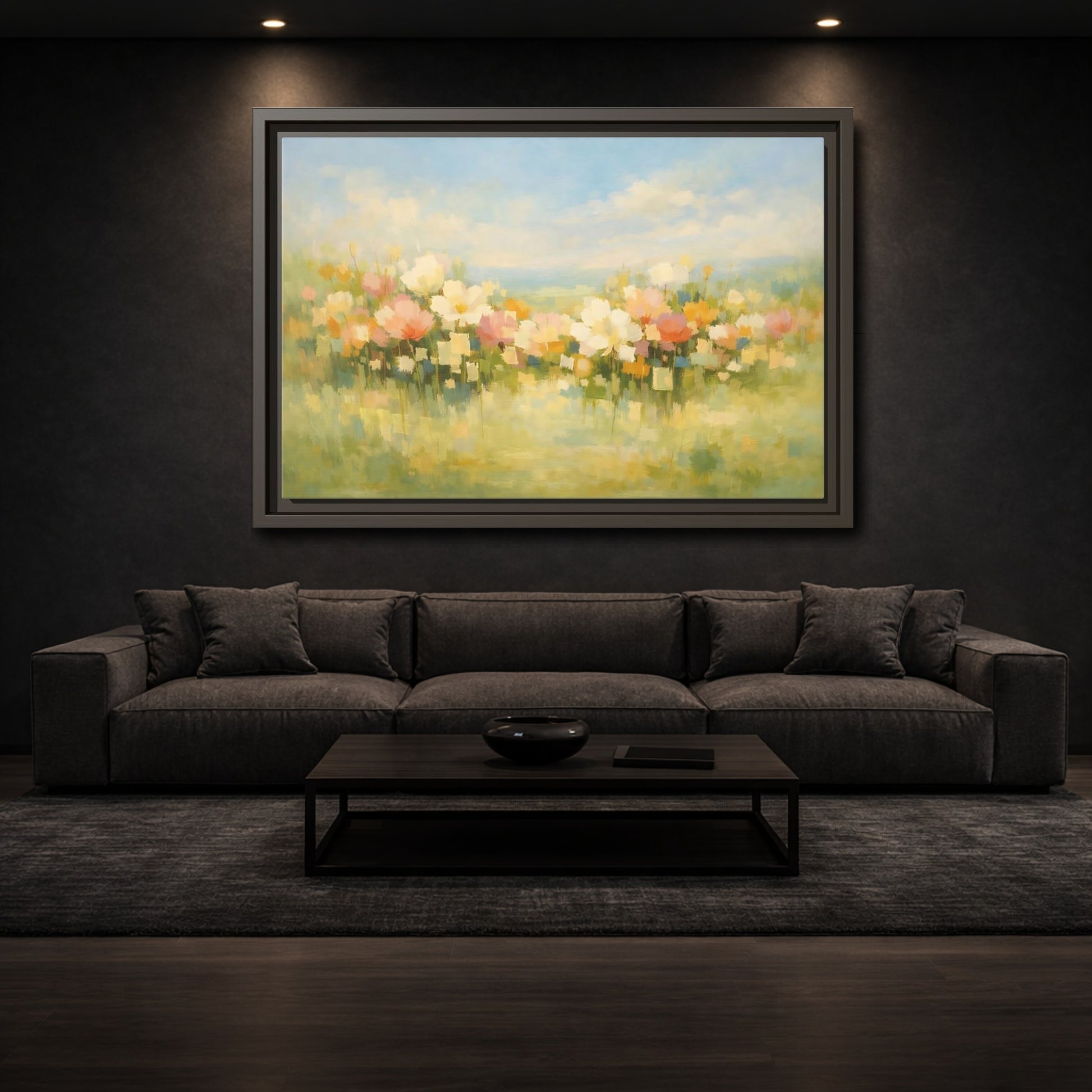 Mockup 2. Floral Wildflowers Pastel Floral Field shown as stretched canvas wall art