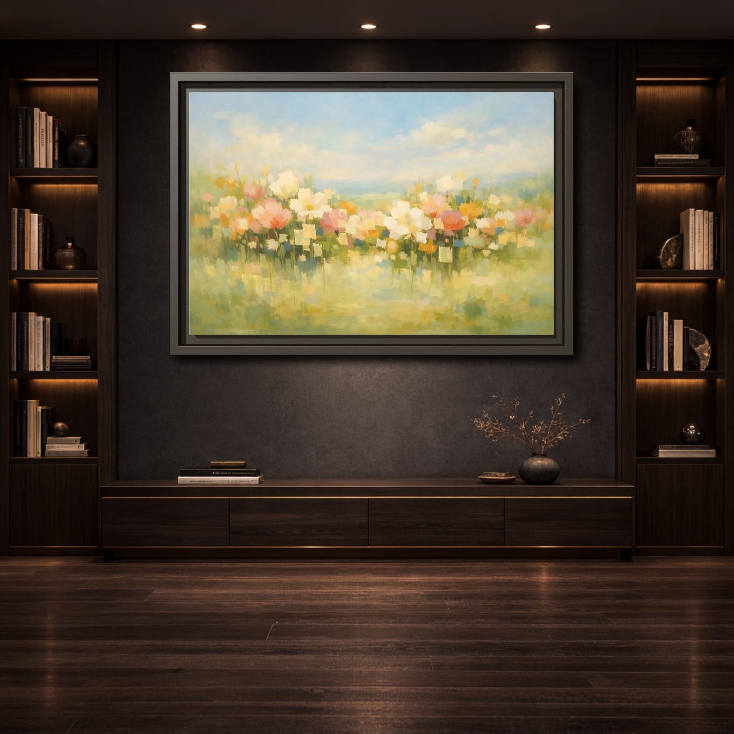 Mockup 3. Floral Wildflowers Pastel Floral Field shown as stretched canvas wall art