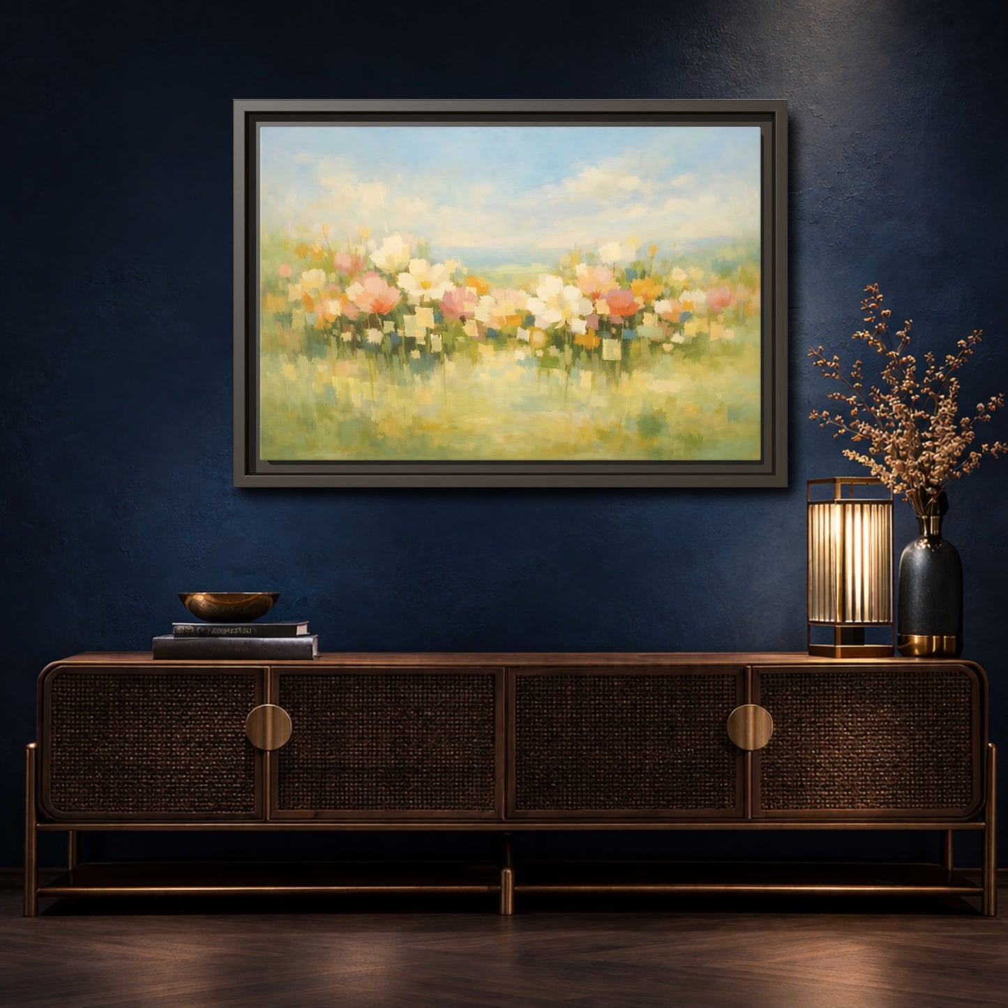 Mockup 4. Floral Wildflowers Pastel Floral Field shown as stretched canvas wall art