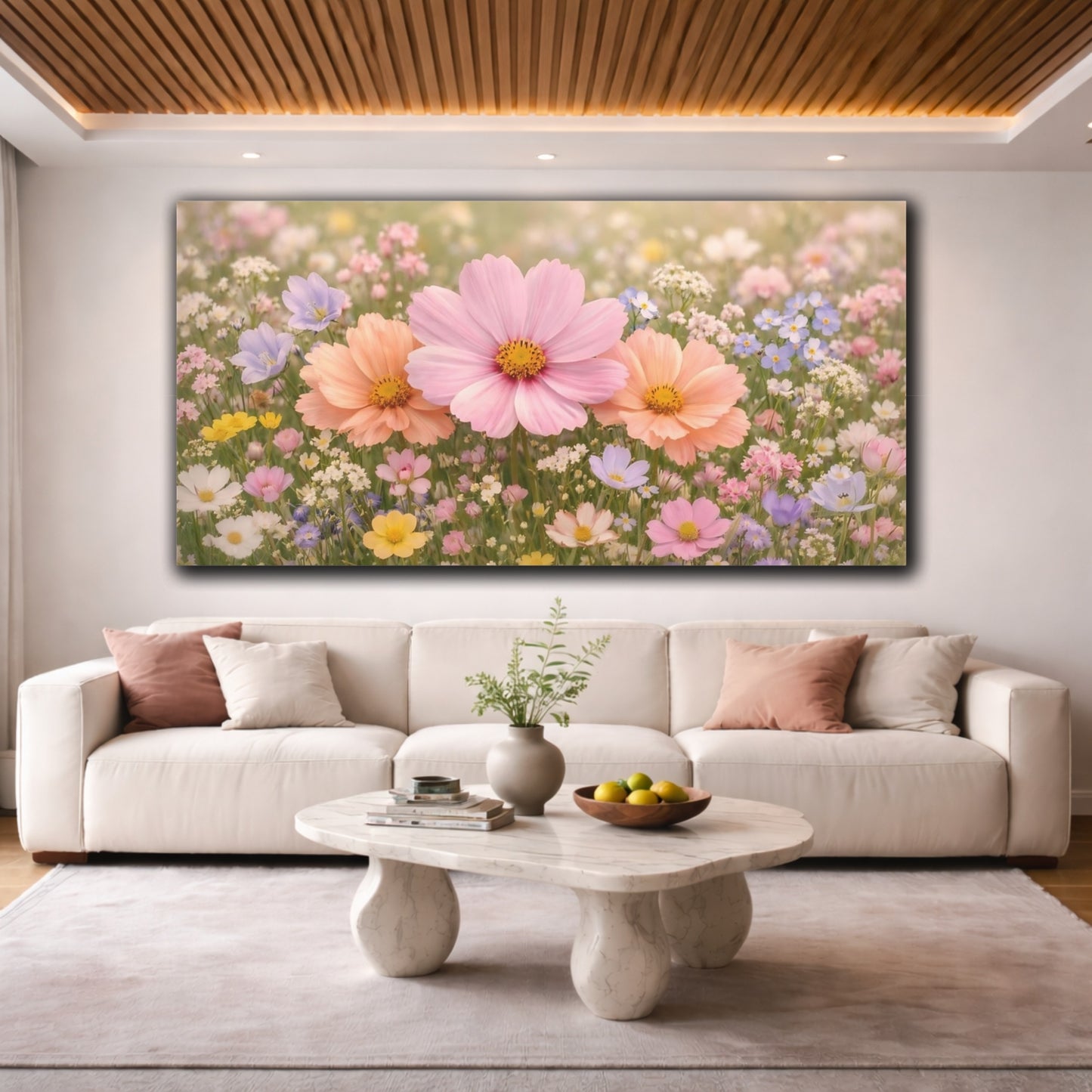 Mockup 3. Floral Wildflowers Pastel Wildflowers shown as stretched canvas wall art