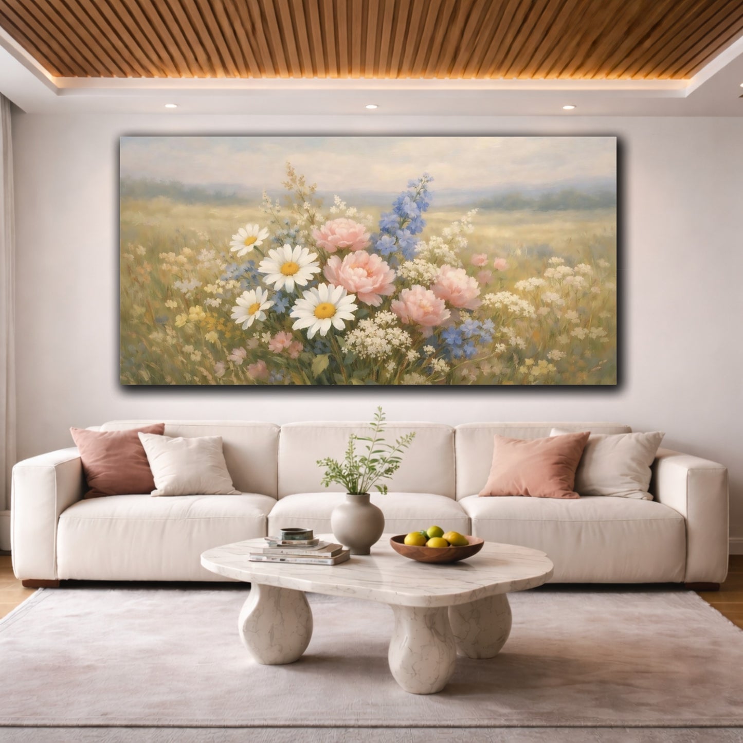 Mockup 3. Floral Wildflowers Pastel Wildflowers shown as stretched canvas wall art