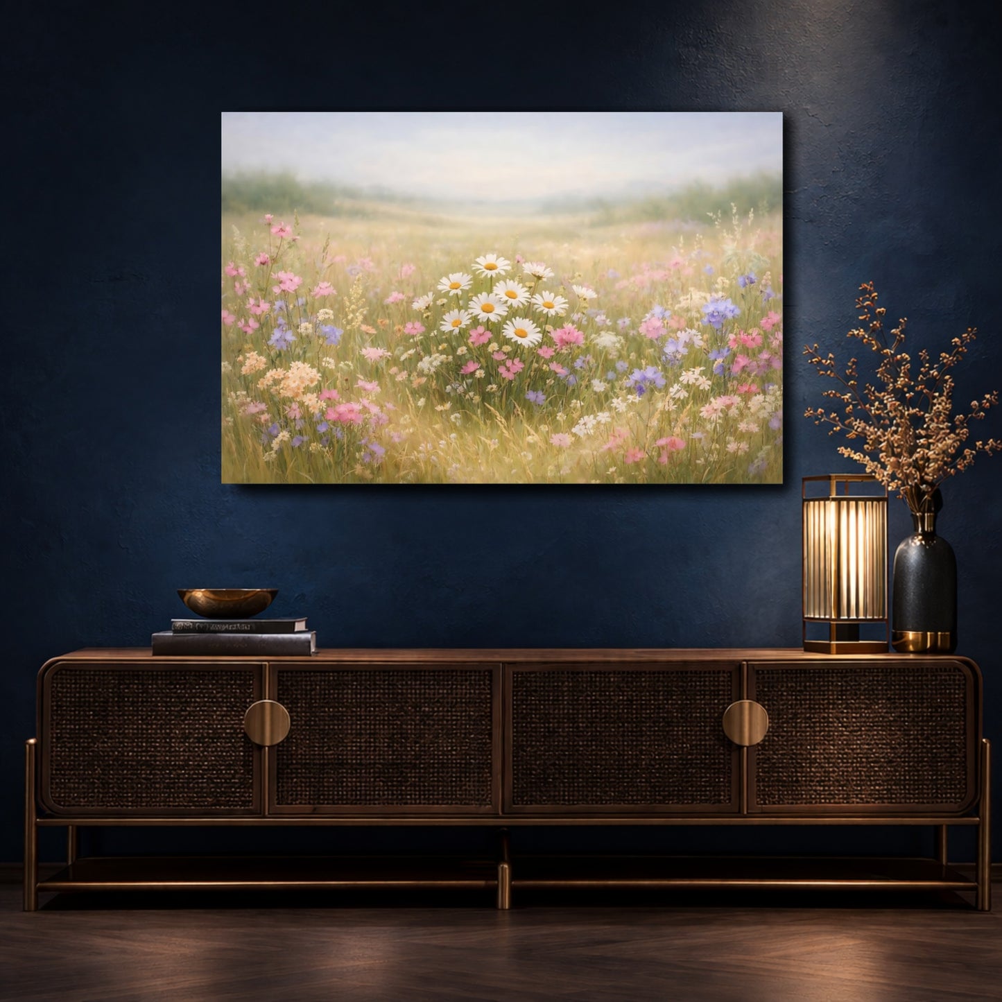 Mockup 4. Floral Wildflowers Pastel Wildflowers shown as stretched canvas wall art