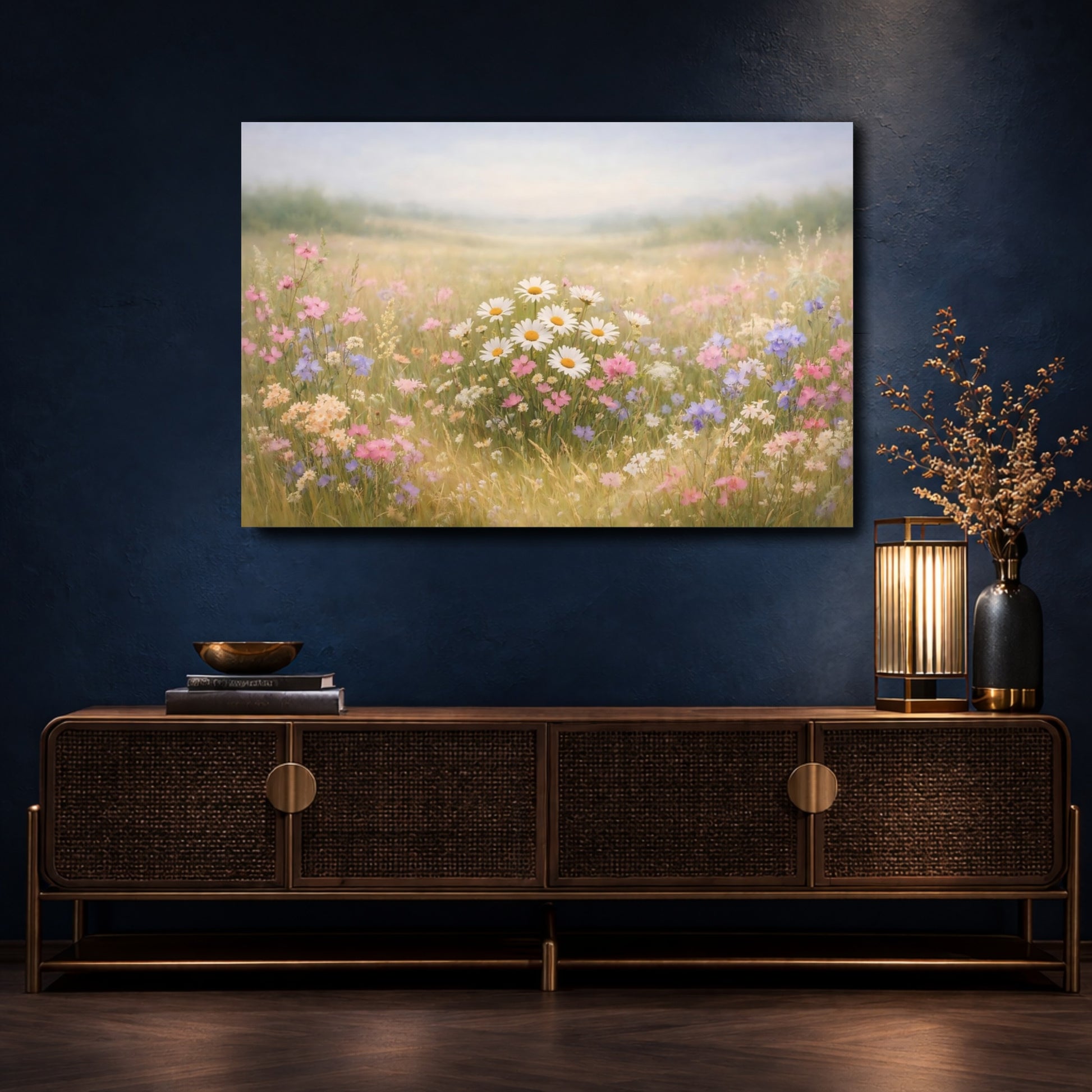Mockup 4. Floral Wildflowers Pastel Wildflowers shown as stretched canvas wall art