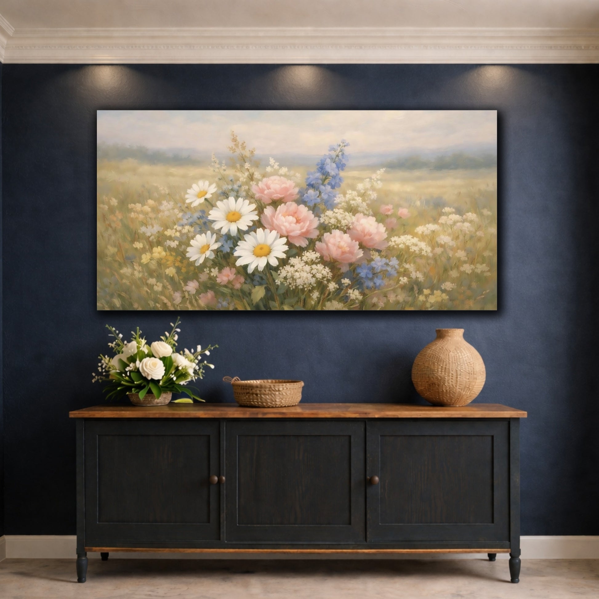 Mockup 4. Floral Wildflowers Pastel Wildflowers shown as stretched canvas wall art