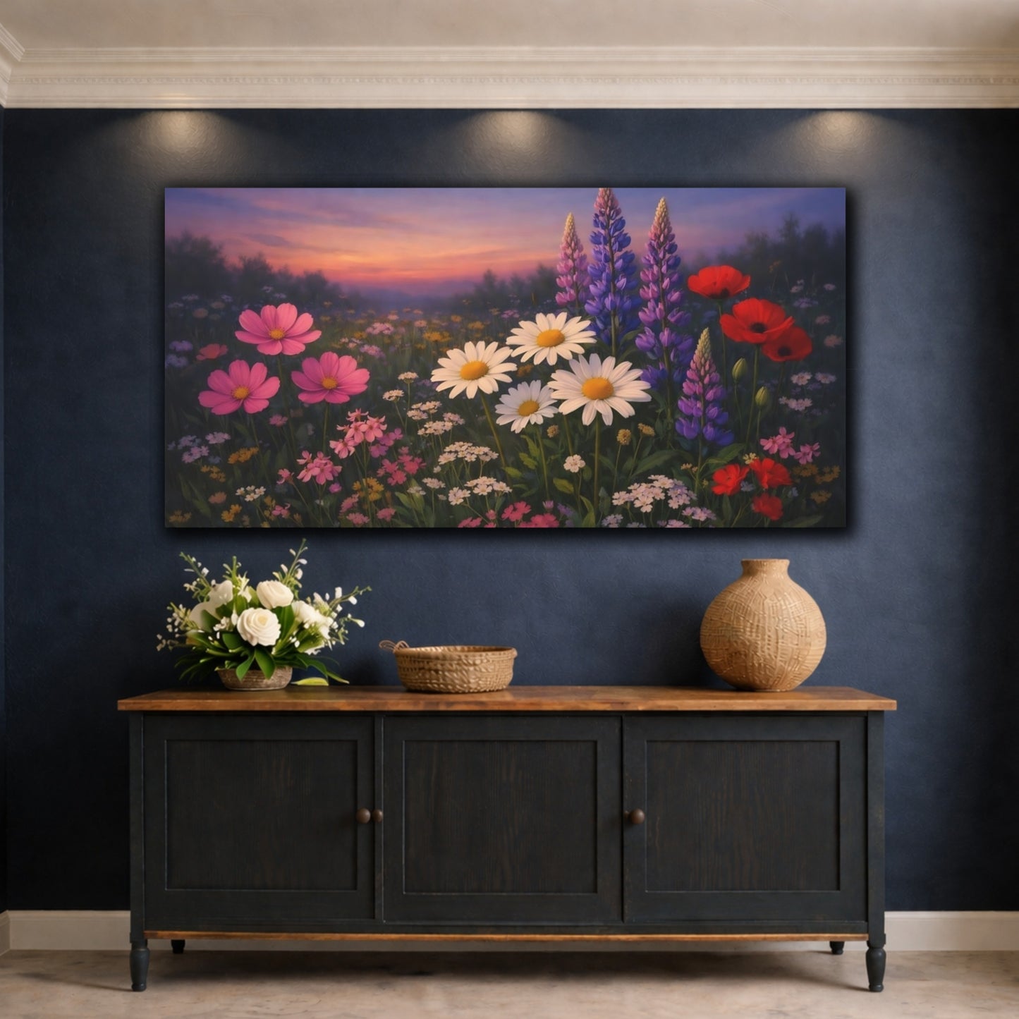 Mockup 4. Floral Wildflowers Vibrant Wildflowers shown as stretched canvas wall art
