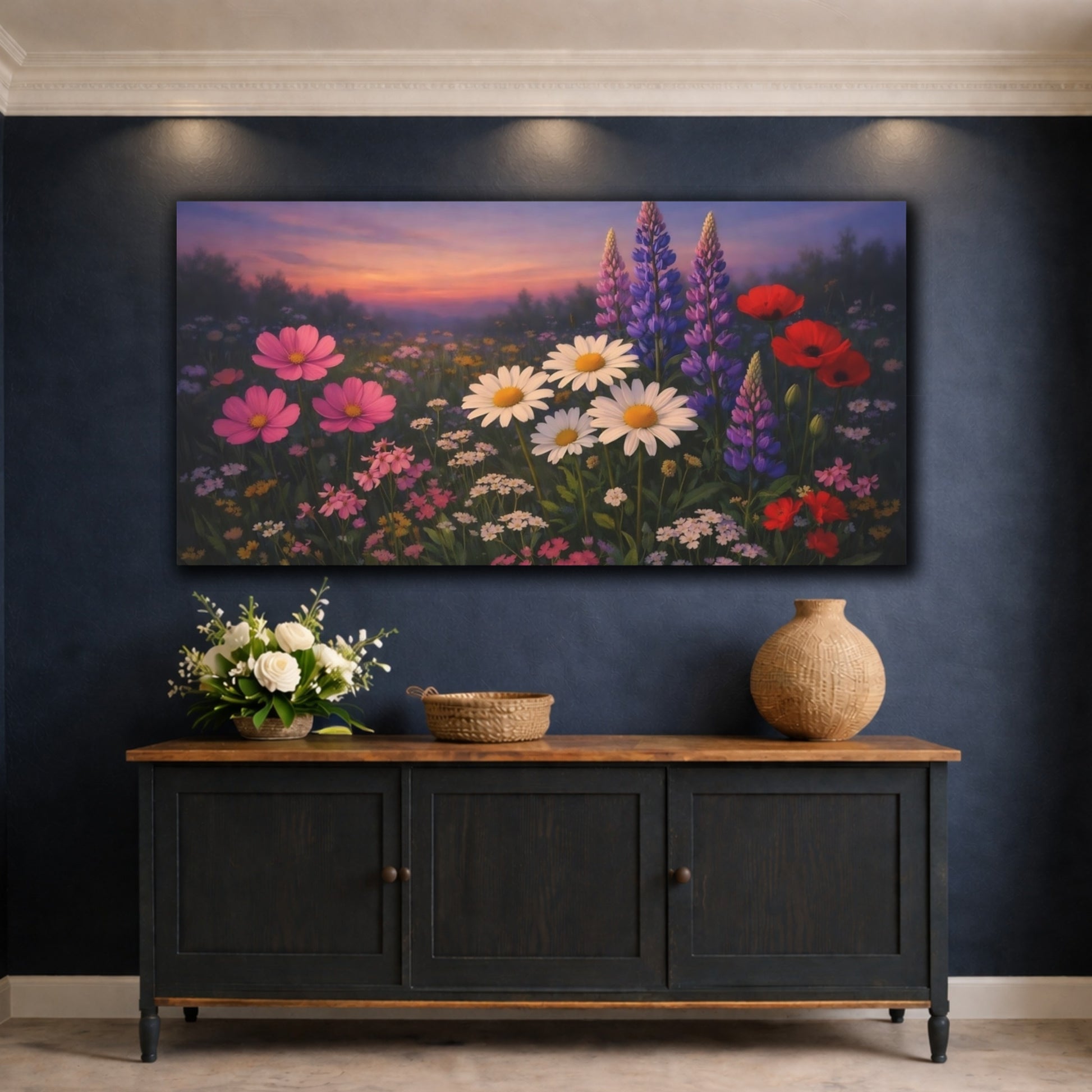 Mockup 4. Floral Wildflowers Vibrant Wildflowers shown as stretched canvas wall art