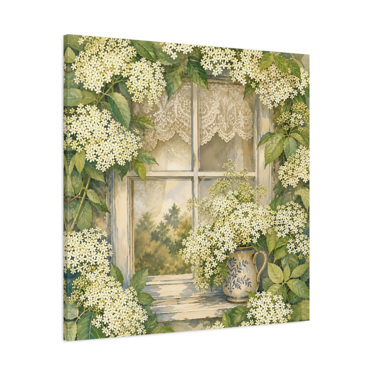Side Mockup 1. Floral Floral Window White Floral Window shown as stretched canvas wall art