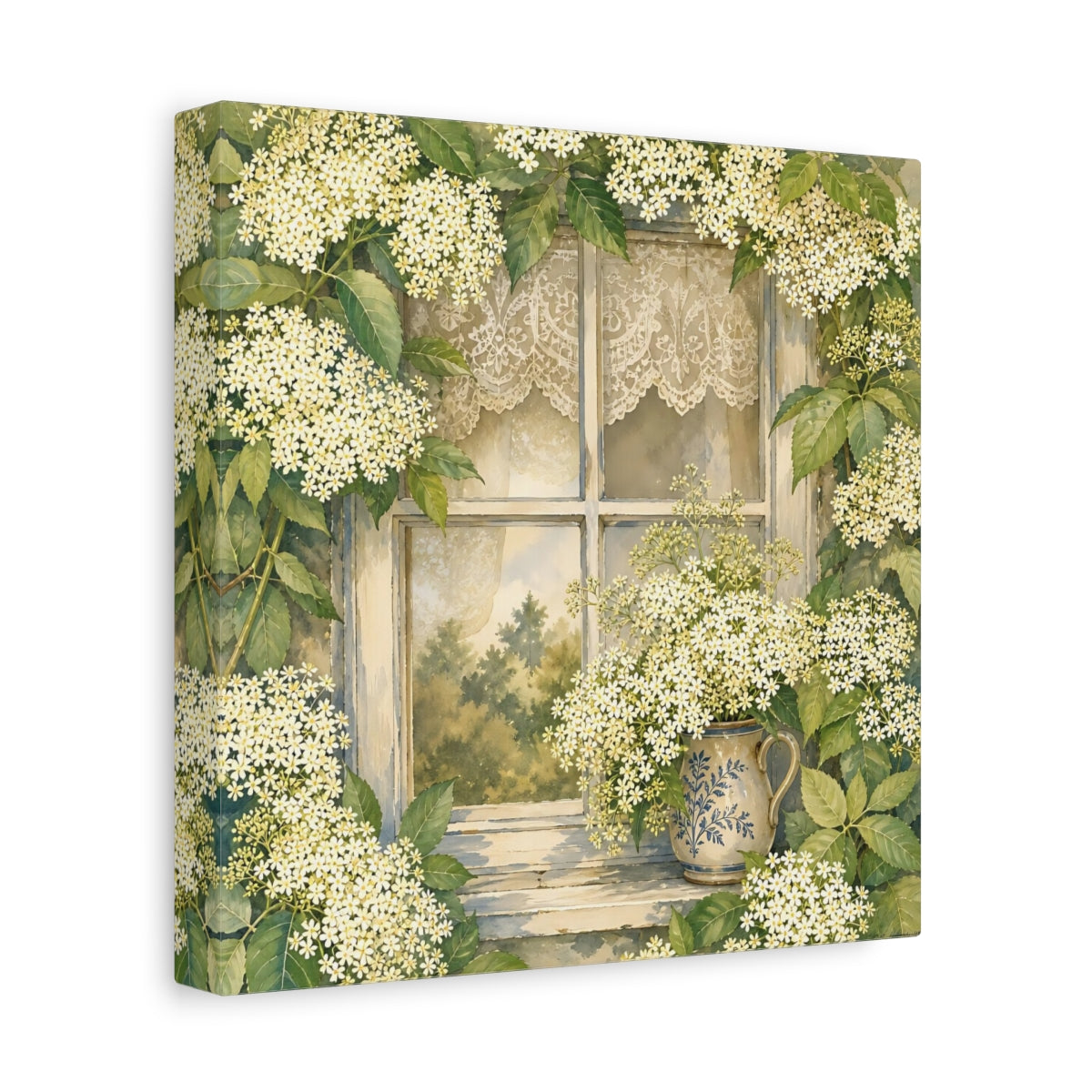 Side Mockup 9. Floral Floral Window White Floral Window shown as stretched canvas wall art