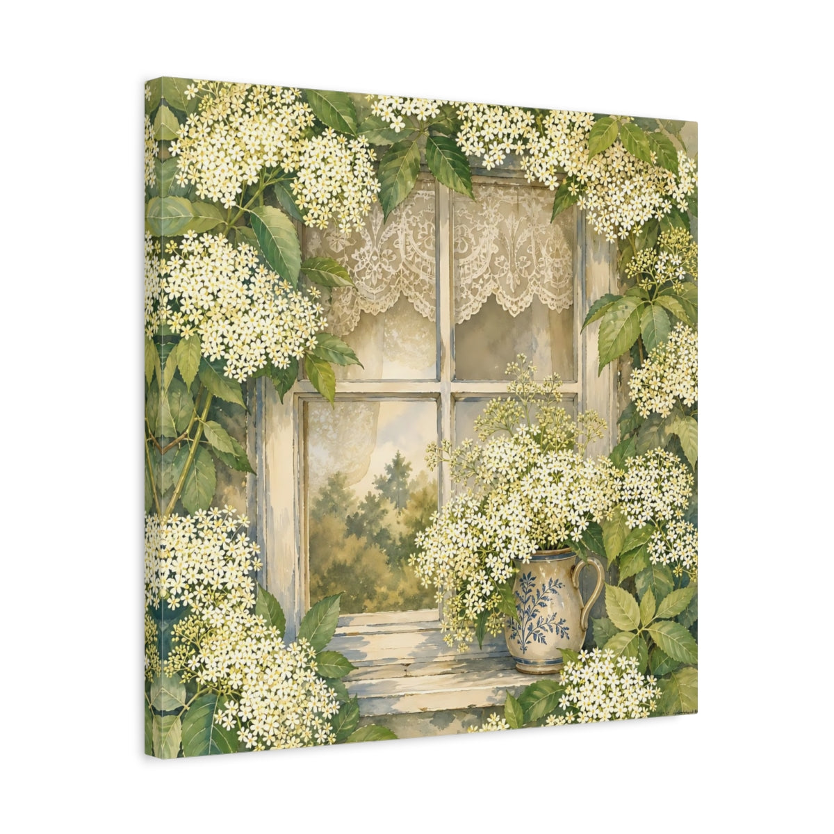 Side Mockup 5. Floral Floral Window White Floral Window shown as stretched canvas wall art