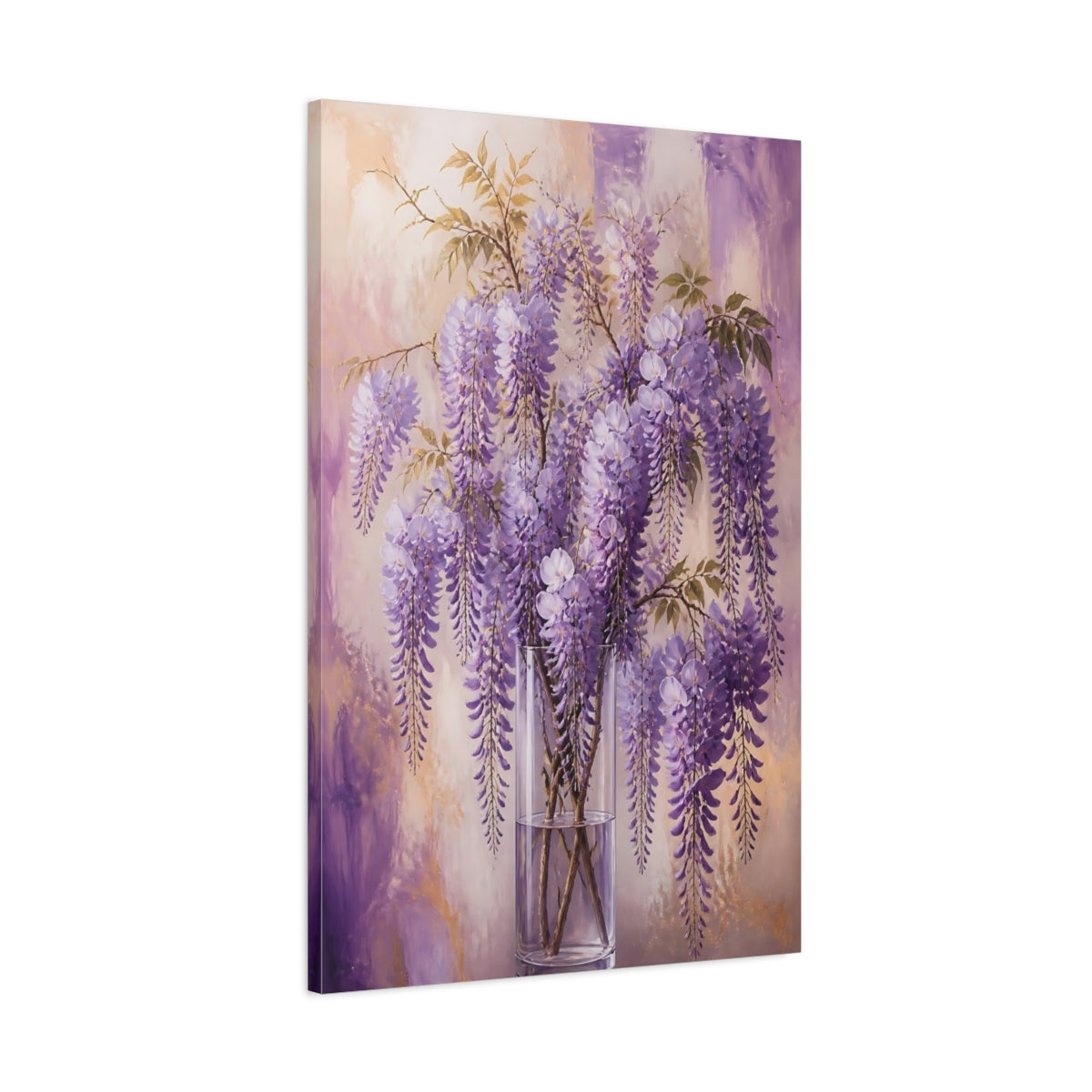 Main Mockup. Floral Wisteria Flowers Purple And Gold shown as canvas print