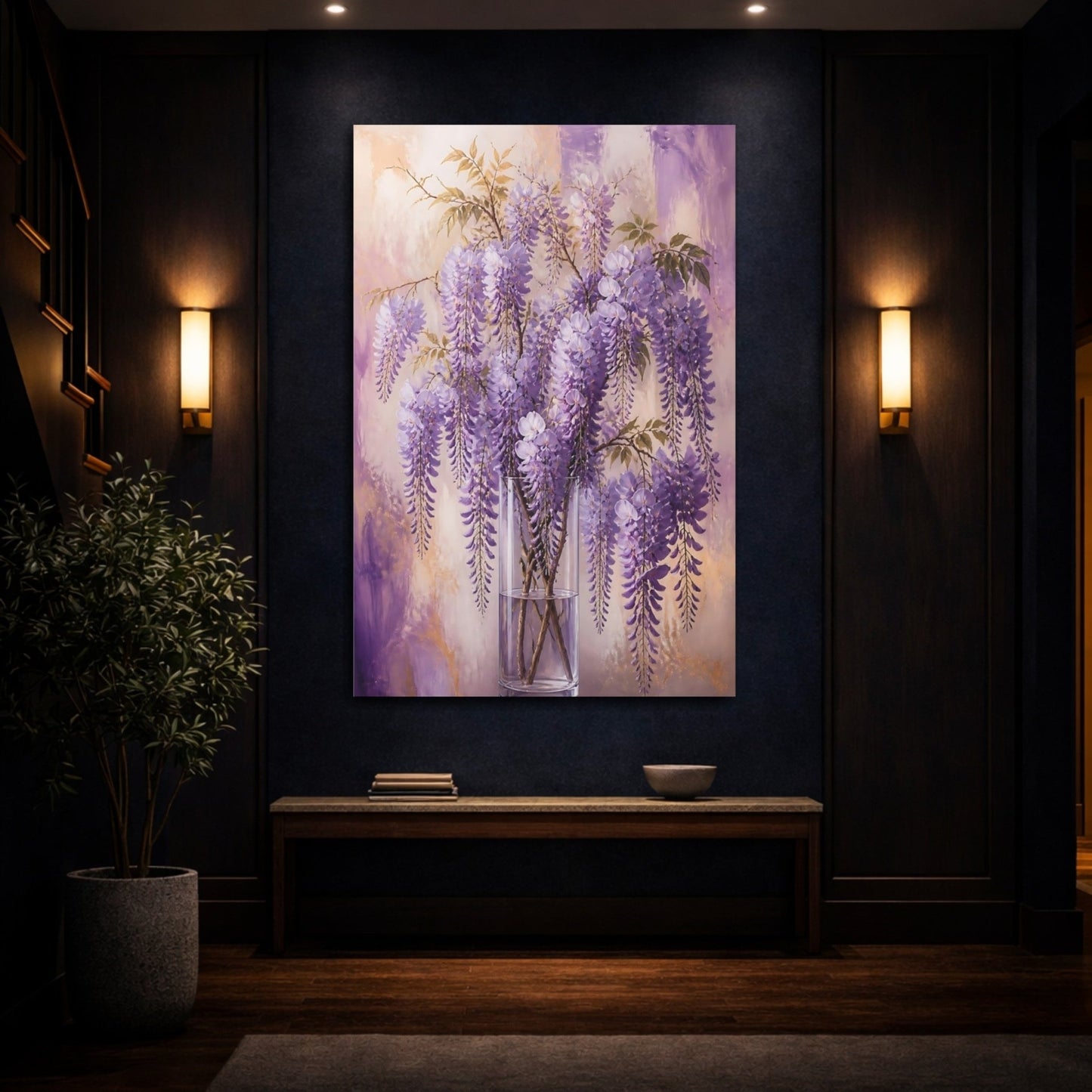 Floral Wisteria Flowers Purple And Gold Canvas Print Wall Art – Botanical Living Room, Above Couch - YesArtYes