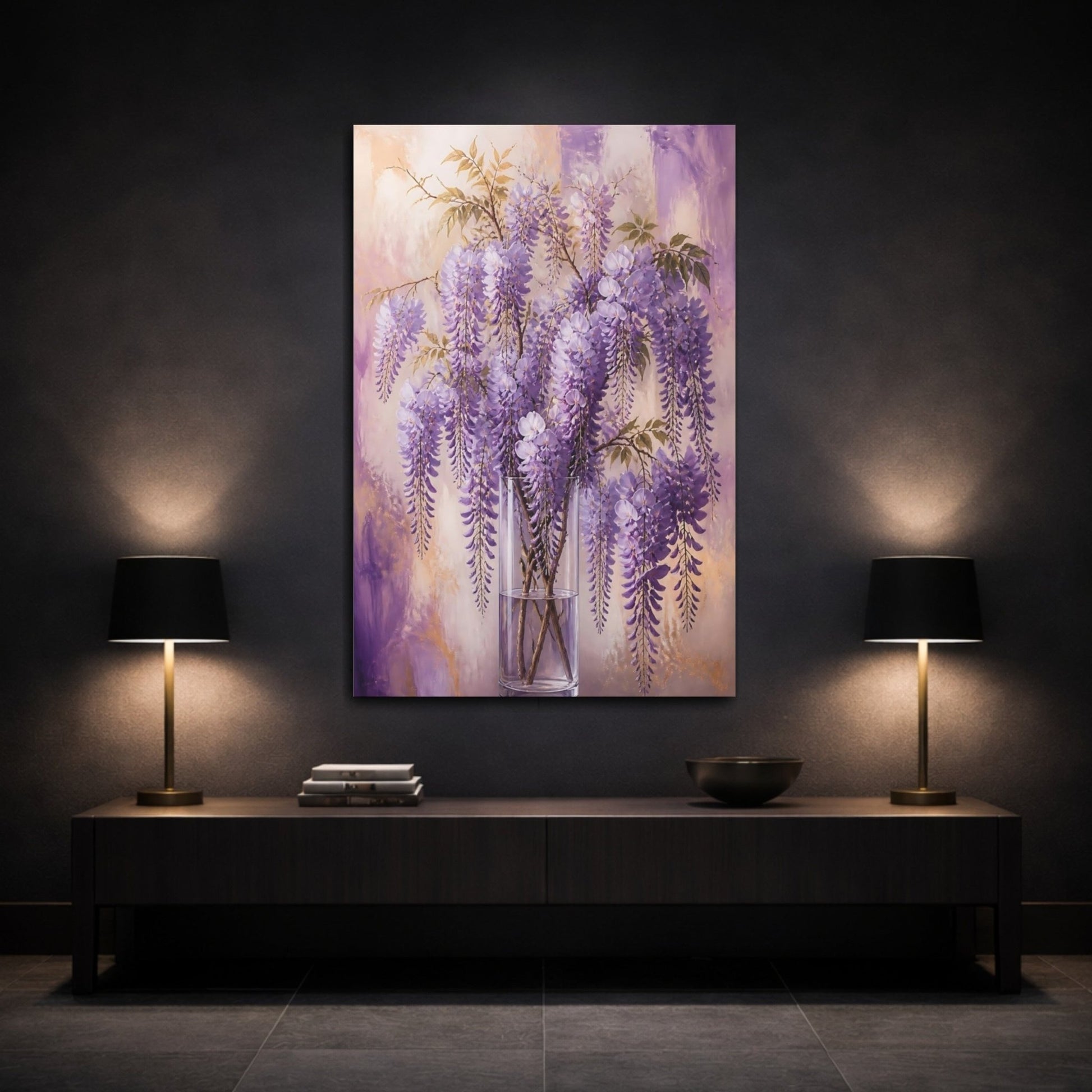 Floral Wisteria Flowers Purple And Gold Canvas Print Wall Art – Botanical Living Room, Above Couch - YesArtYes