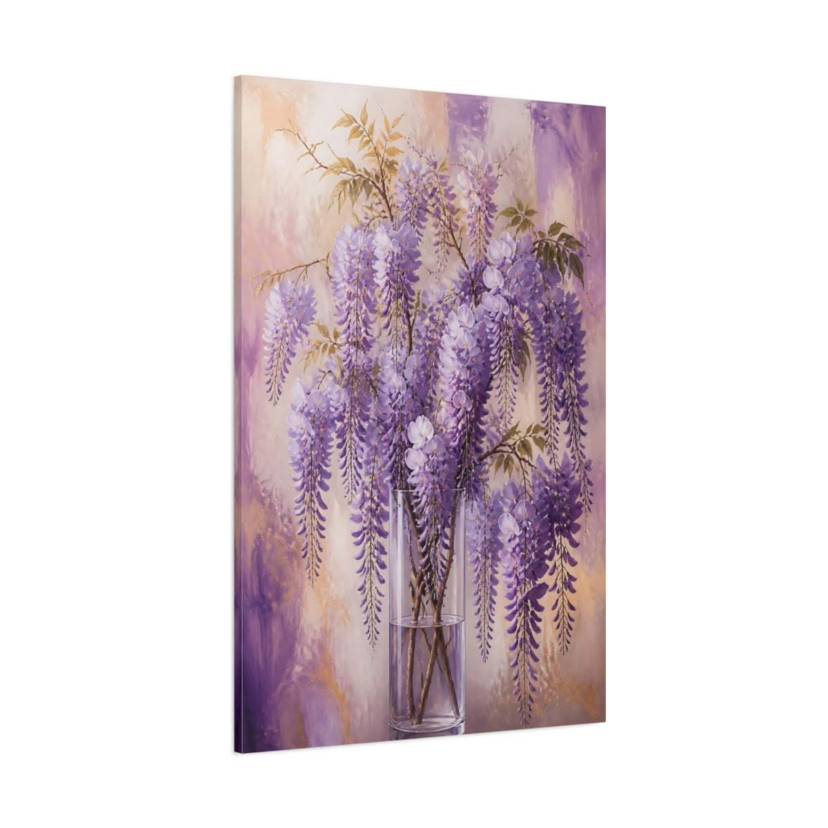 Side Mockup 1. Floral Wisteria Flowers Purple And Gold shown as canvas print