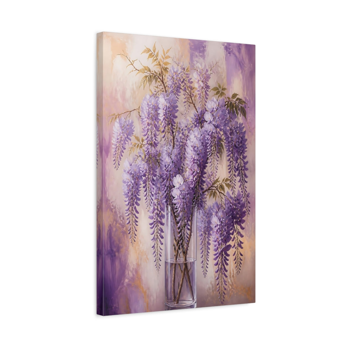 Side Mockup 3. Floral Wisteria Flowers Purple And Gold shown as canvas print