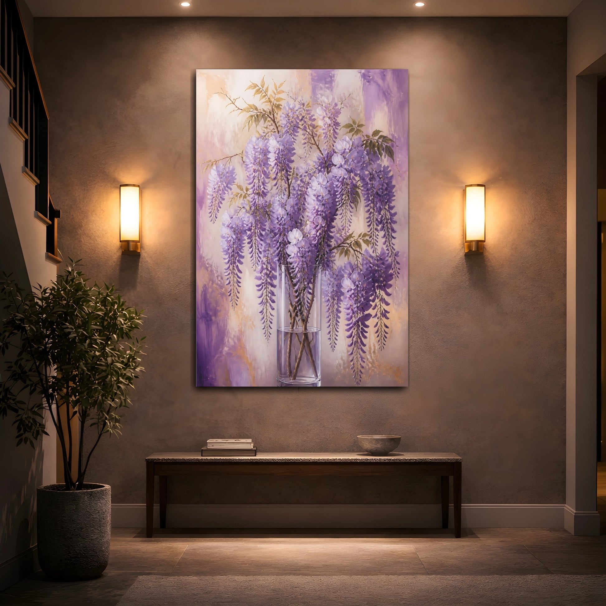 Mockup 2. Floral Wisteria Flowers Purple And Gold shown as canvas print