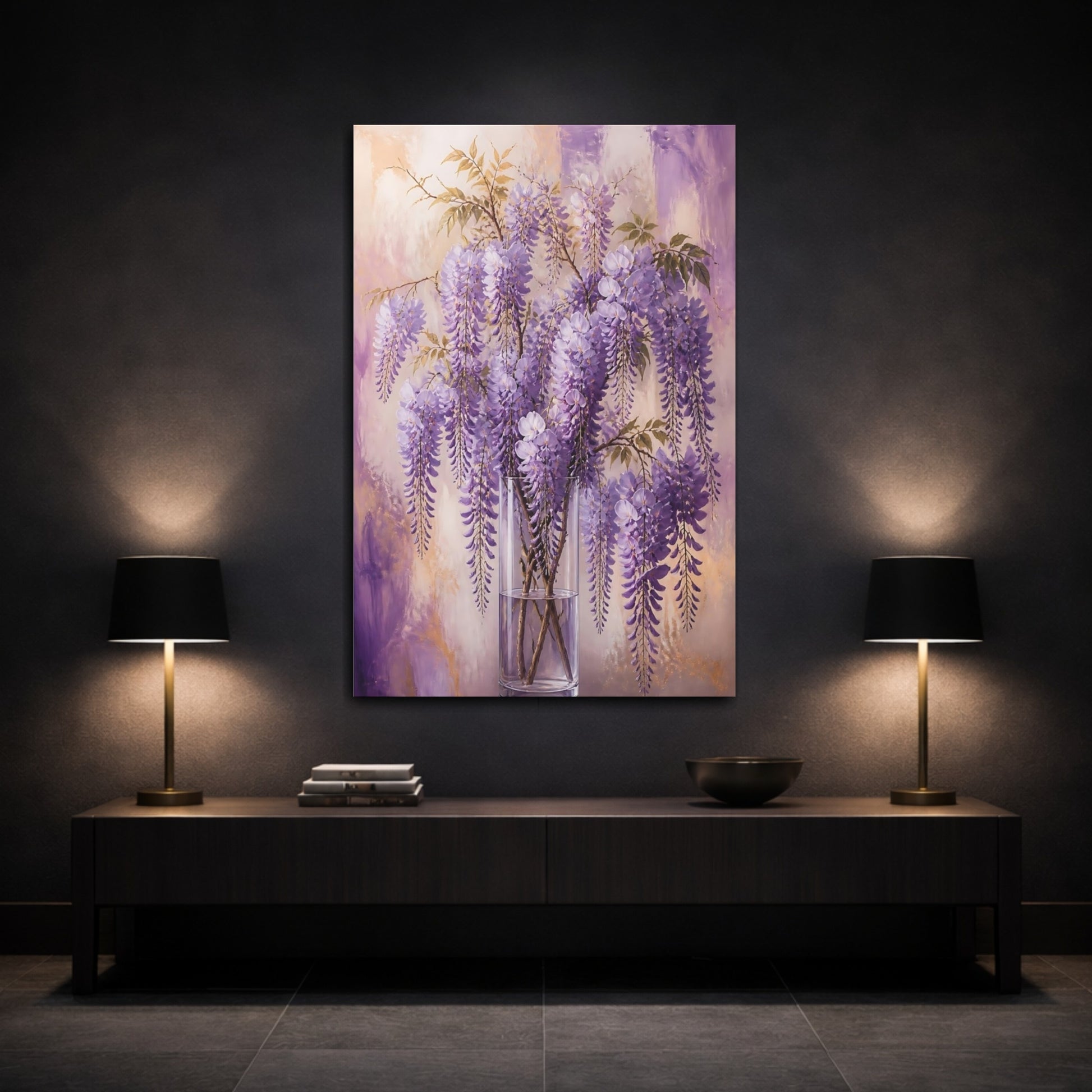 Mockup 3. Floral Wisteria Flowers Purple And Gold shown as canvas print