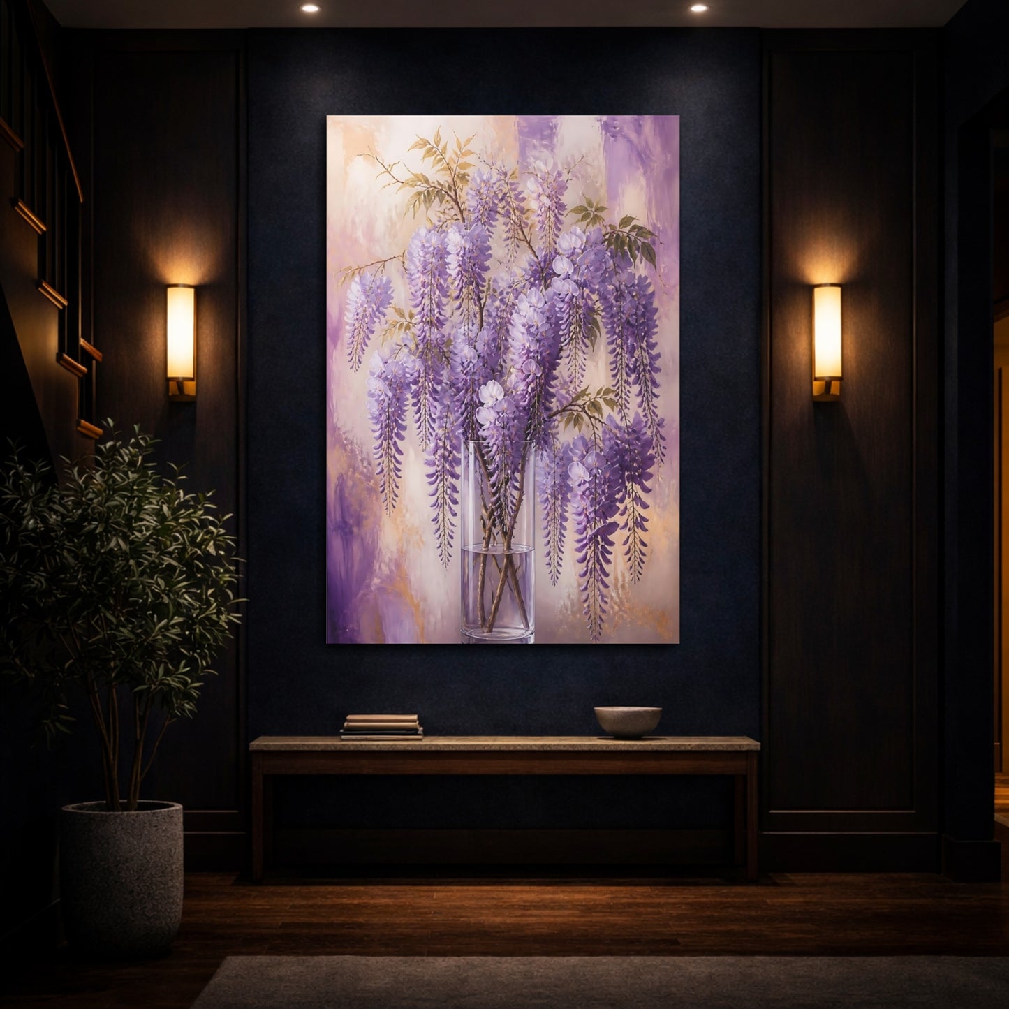 Mockup 4. Floral Wisteria Flowers Purple And Gold shown as canvas print