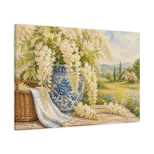 Main Mockup. Floral Wisteria In Blue Vase shown as canvas print
