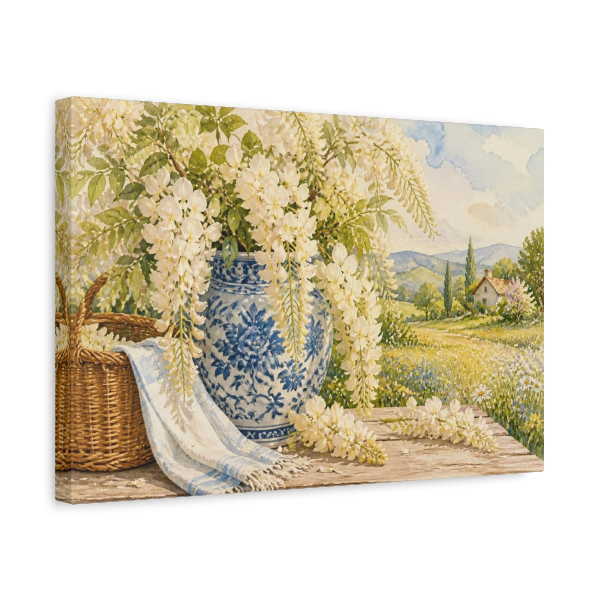 Side Mockup 4. Floral Wisteria In Blue Vase shown as canvas print