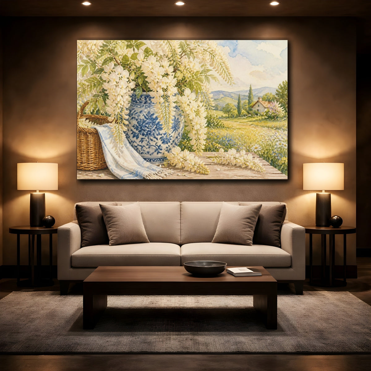 Mockup 2. Floral Wisteria In Blue Vase shown as canvas print