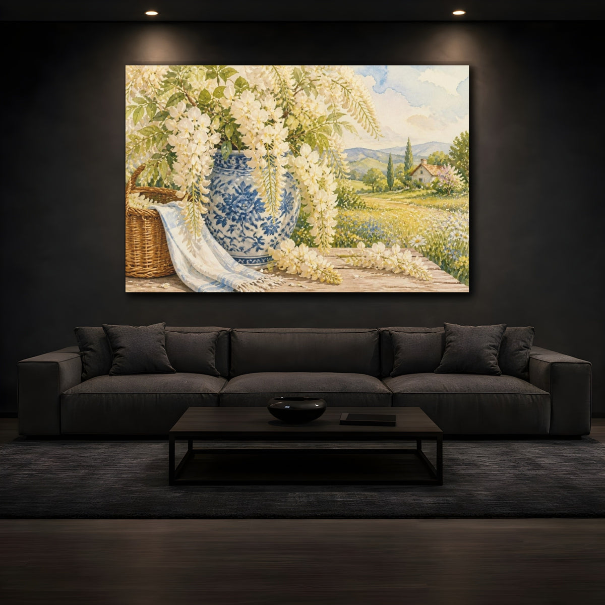 Mockup 3. Floral Wisteria In Blue Vase shown as canvas print