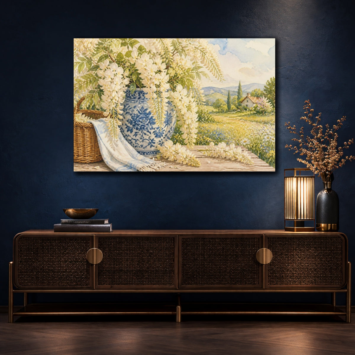 Mockup 4. Floral Wisteria In Blue Vase shown as canvas print