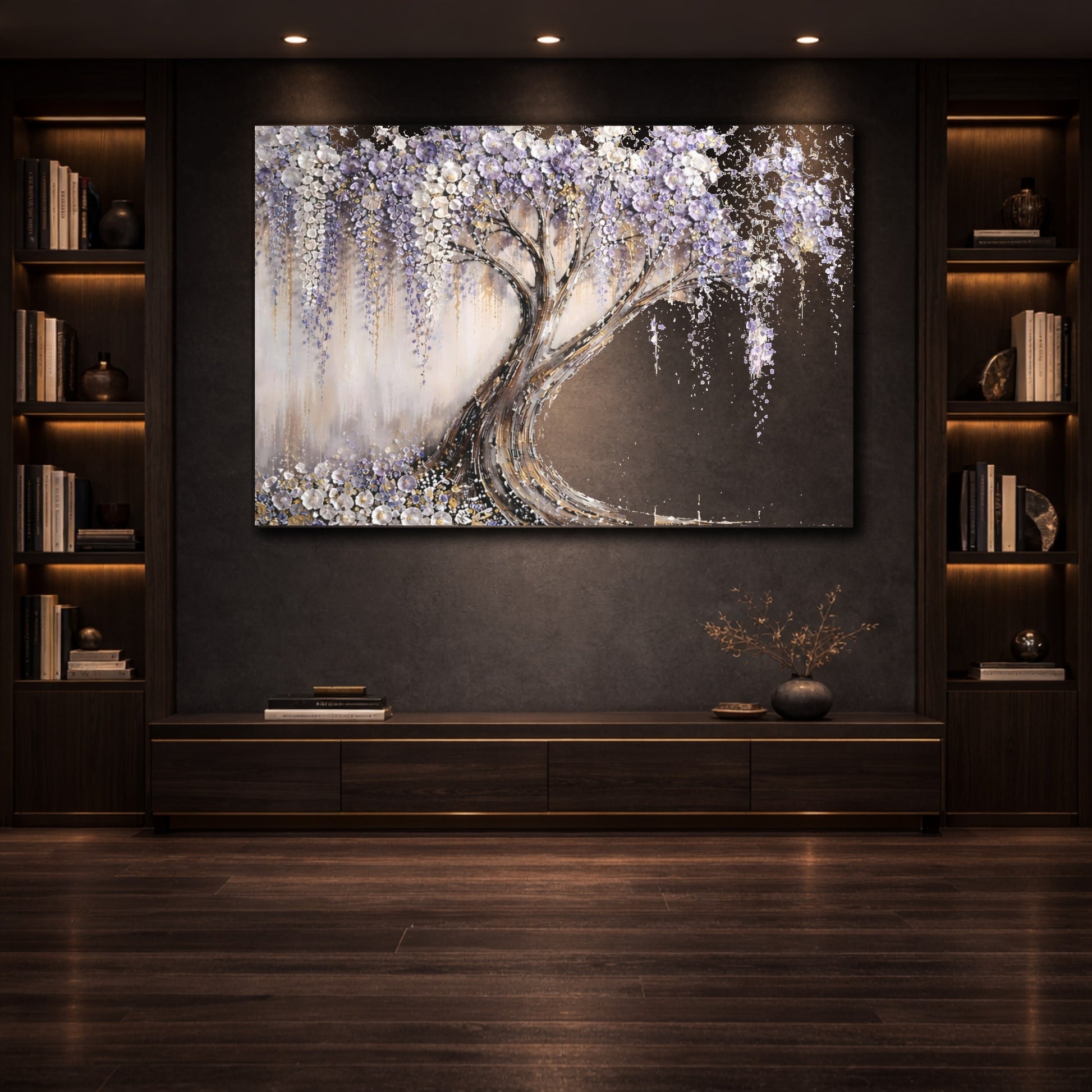 Floral Wisteria Tree Lavender Tree shown as front canvas room wall art