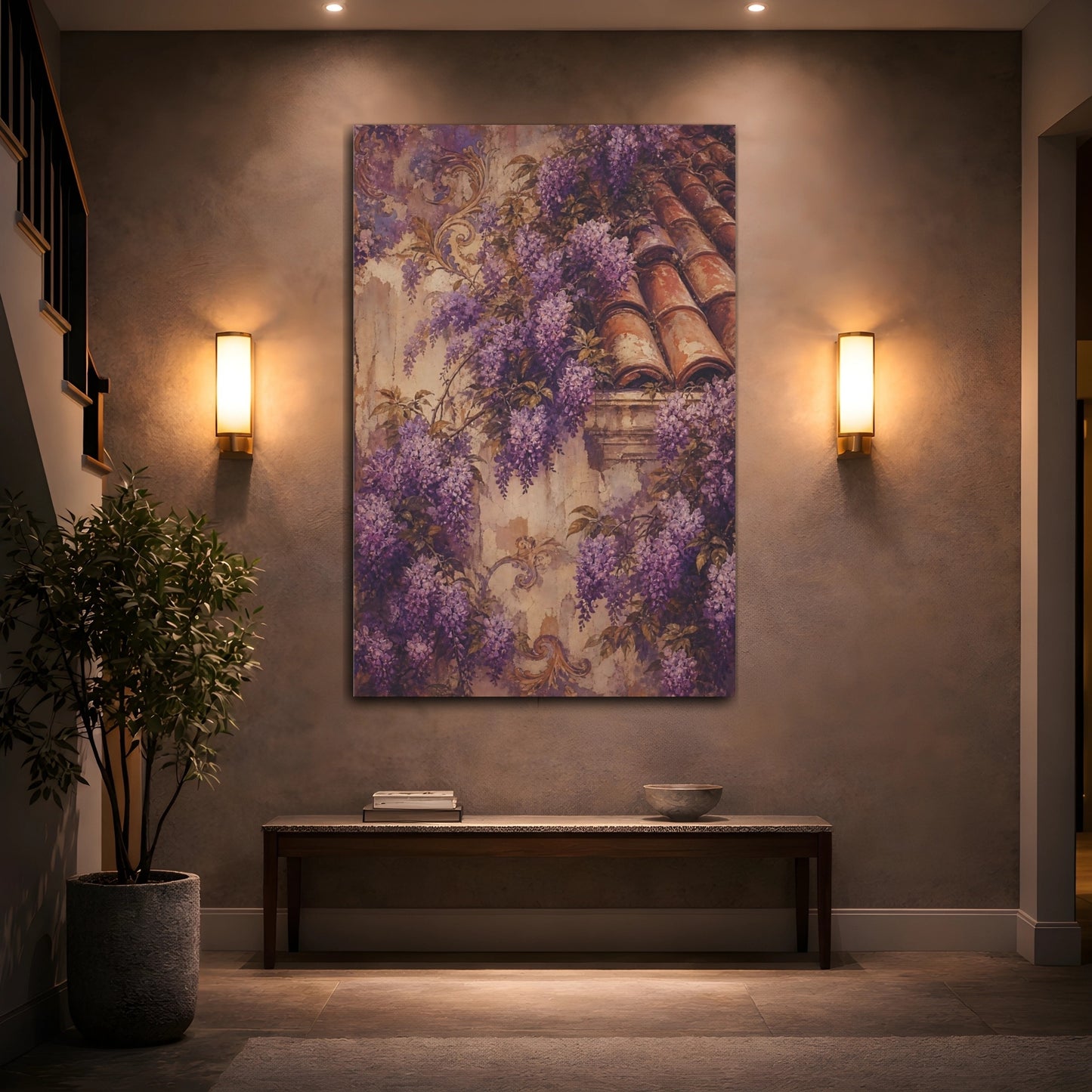 Mockup 2. Floral Wisteria Vines Purple Wisteria shown as canvas print