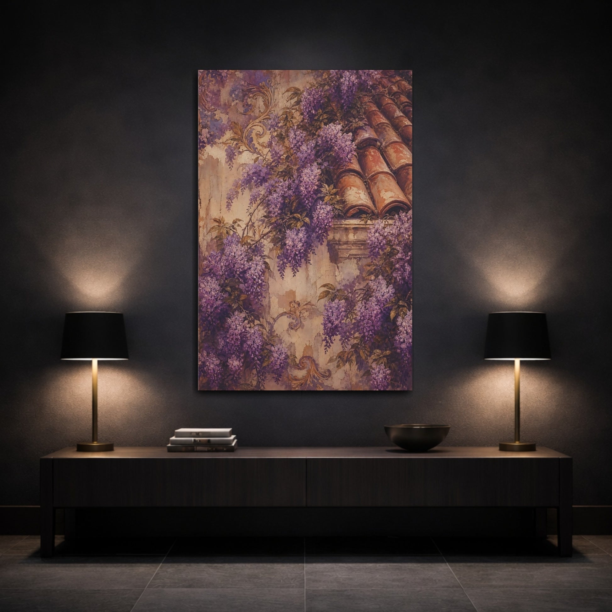 Mockup 3. Floral Wisteria Vines Purple Wisteria shown as canvas print