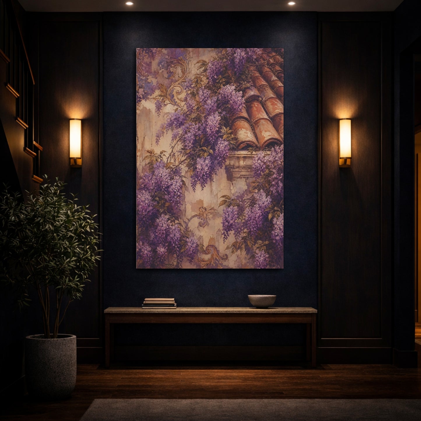 Mockup 4. Floral Wisteria Vines Purple Wisteria shown as canvas print