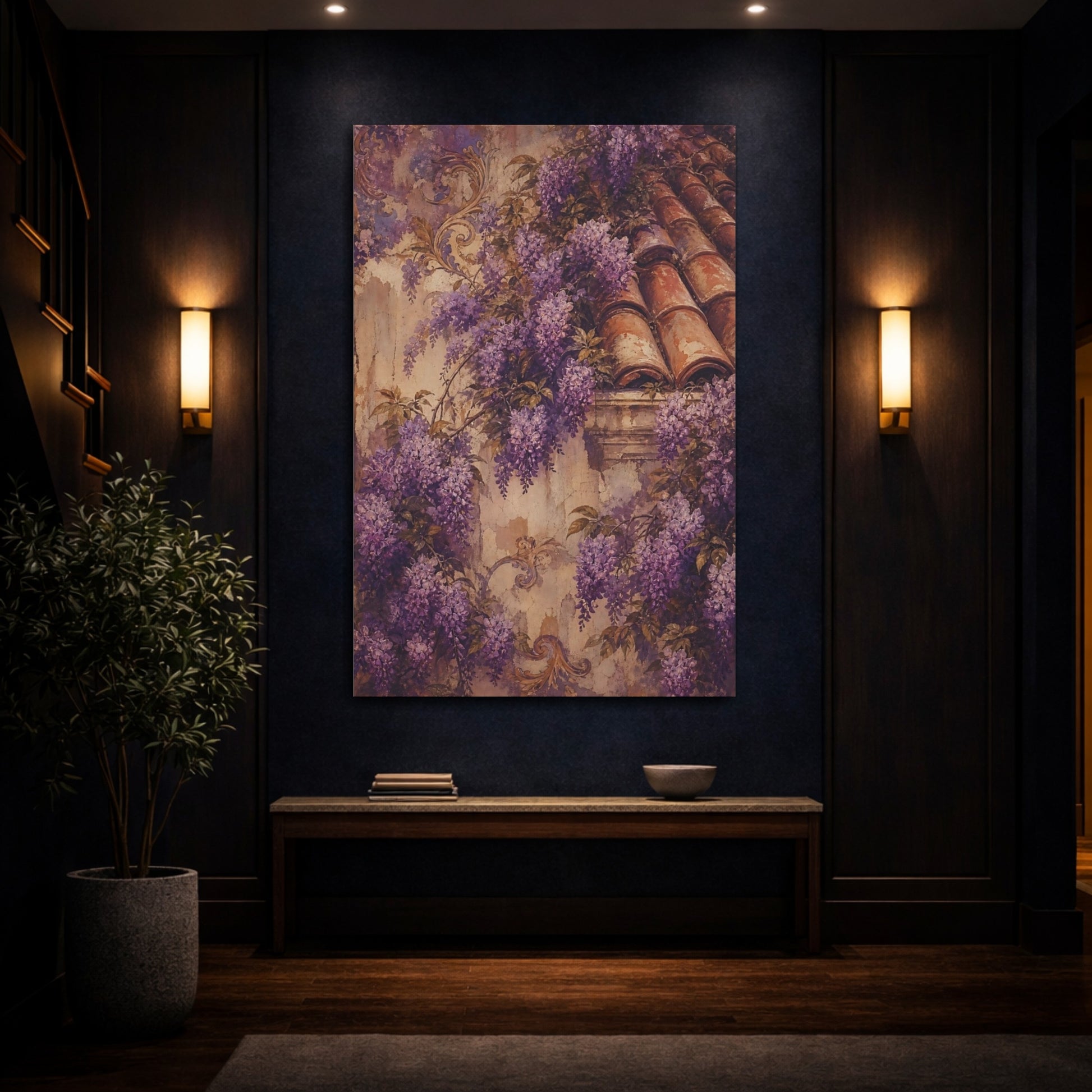Mockup 4. Floral Wisteria Vines Purple Wisteria shown as canvas print