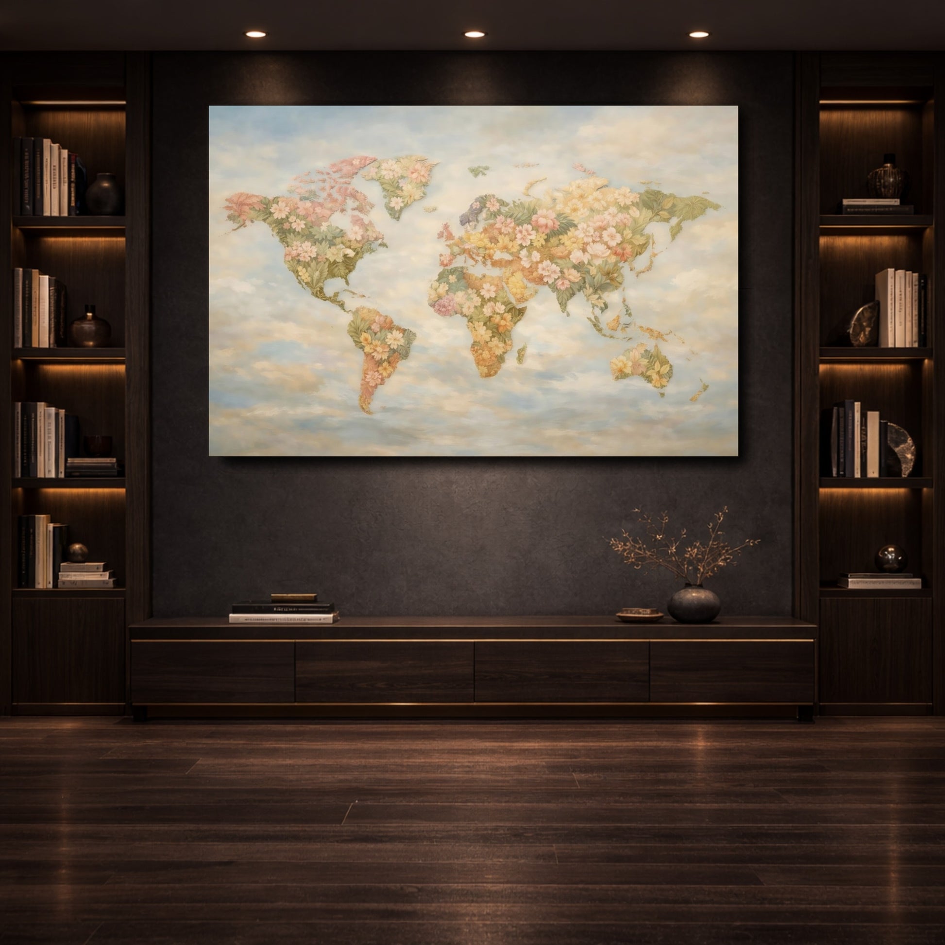Mockup 3. Floral World Map Floral Map Pastel shown as stretched canvas wall art