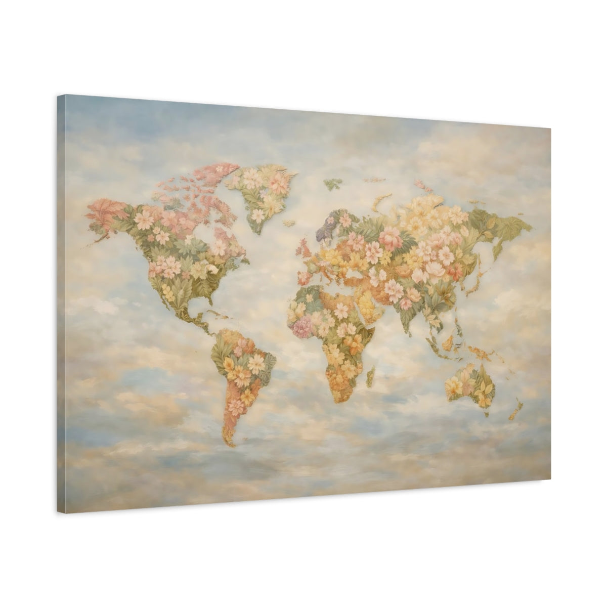 Side Mockup 1. Floral World Map Pastel Floral Map shown as stretched canvas wall art