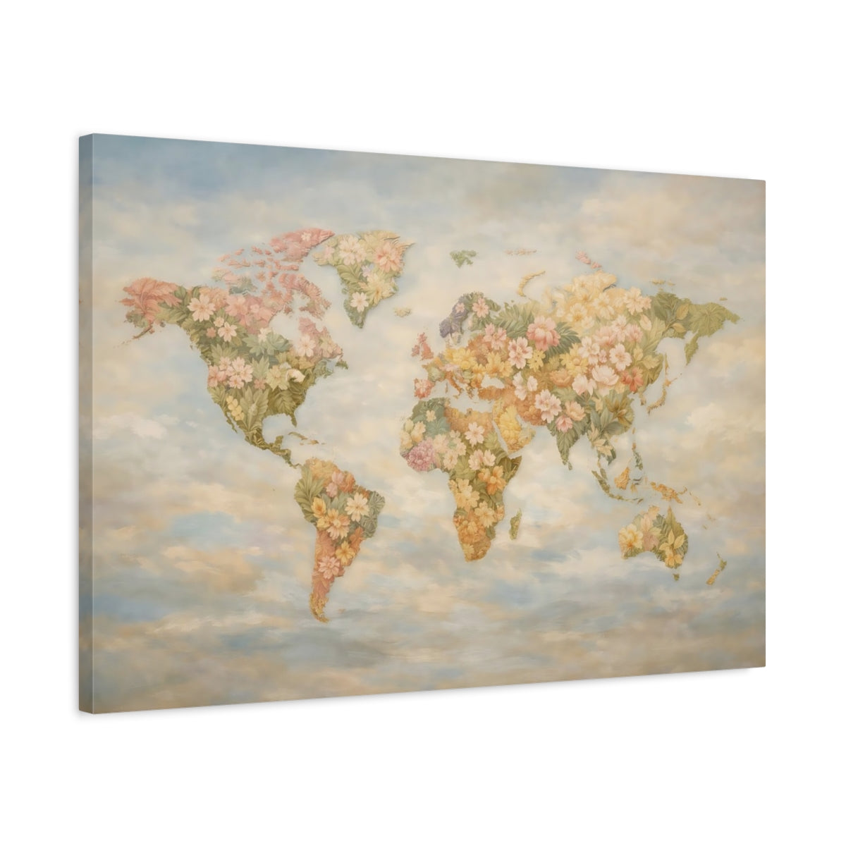 Side Mockup 2. Floral World Map Pastel Floral Map shown as stretched canvas wall art