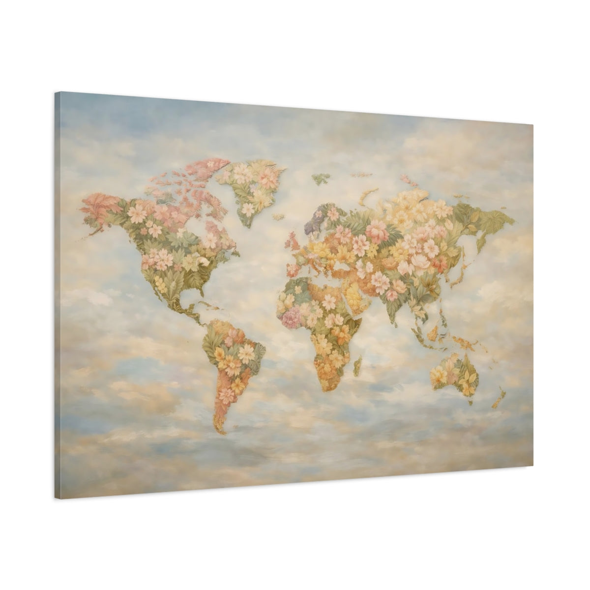 Main Mockup. Floral World Map Pastel Floral Map shown as stretched canvas wall art