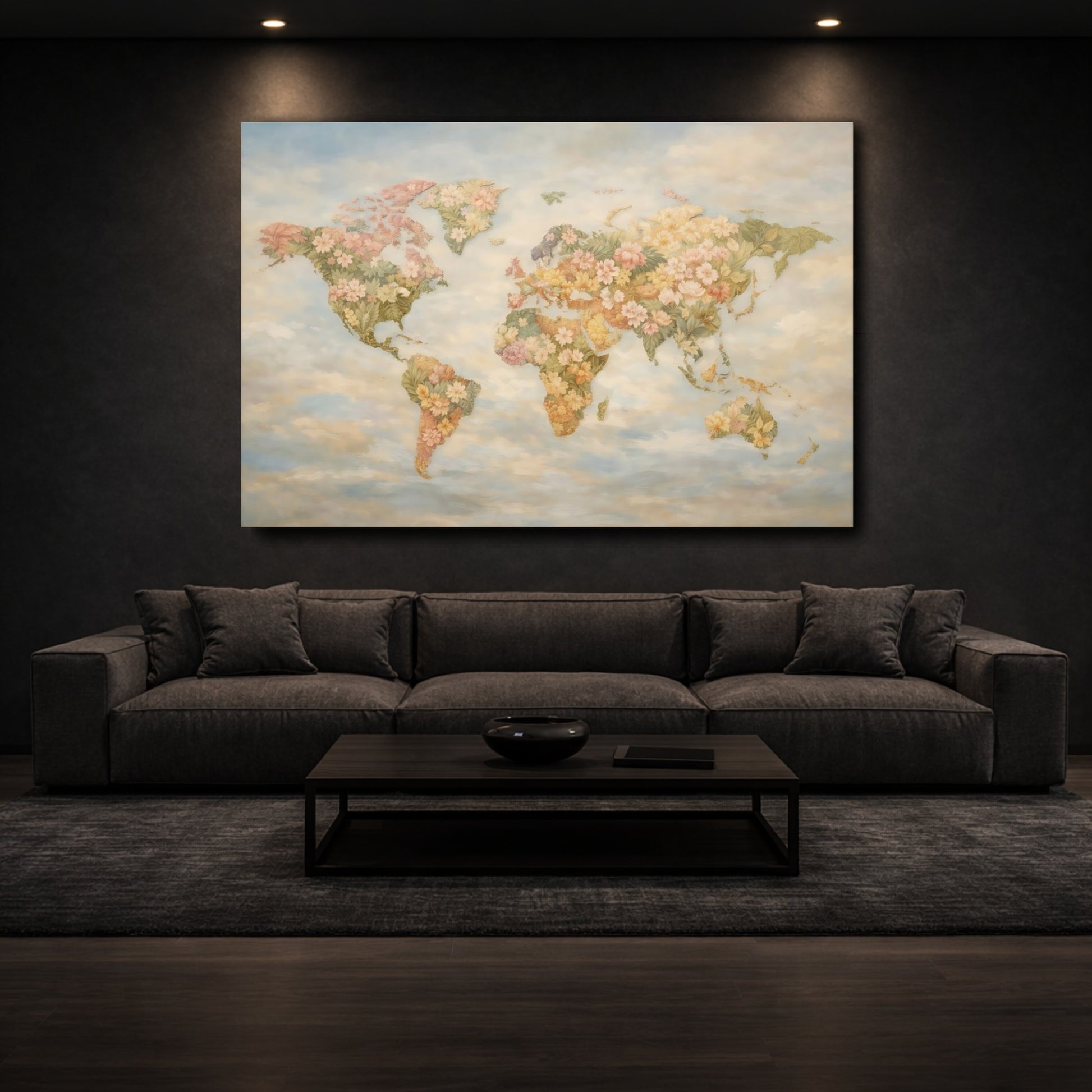 Mockup 2. Floral World Map Pastel Floral Map shown as stretched canvas wall art