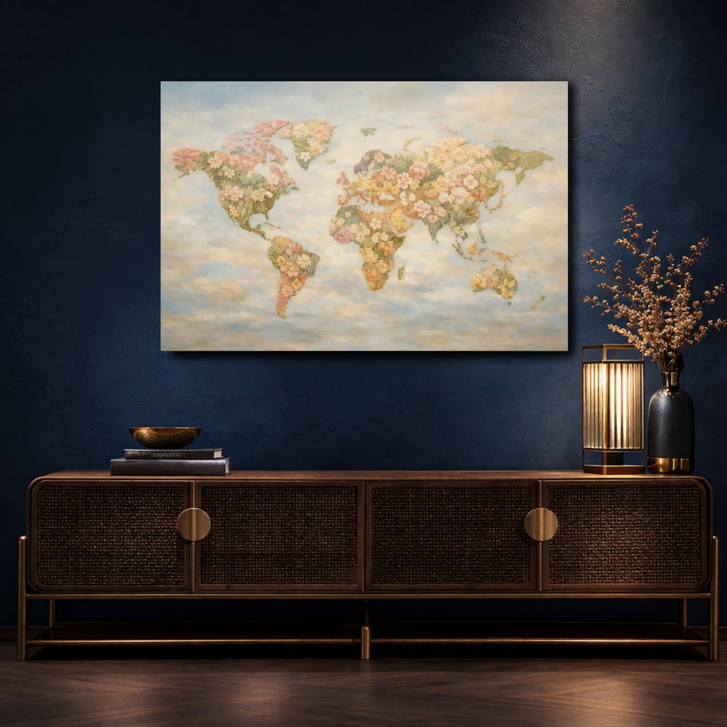 Mockup 4. Floral World Map Pastel Floral Map shown as stretched canvas wall art