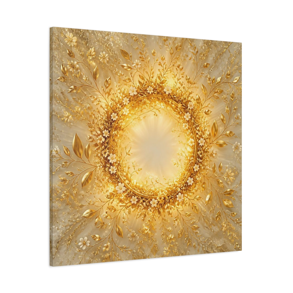 Side Mockup 1. Floral Floral Wreath Gold Floral shown as stretched canvas wall art