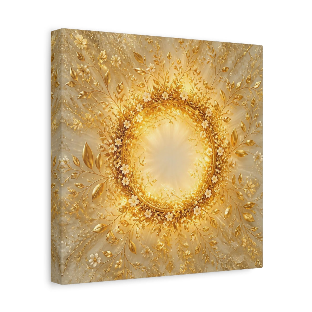 Side Mockup 8. Floral Floral Wreath Gold Floral shown as stretched canvas wall art