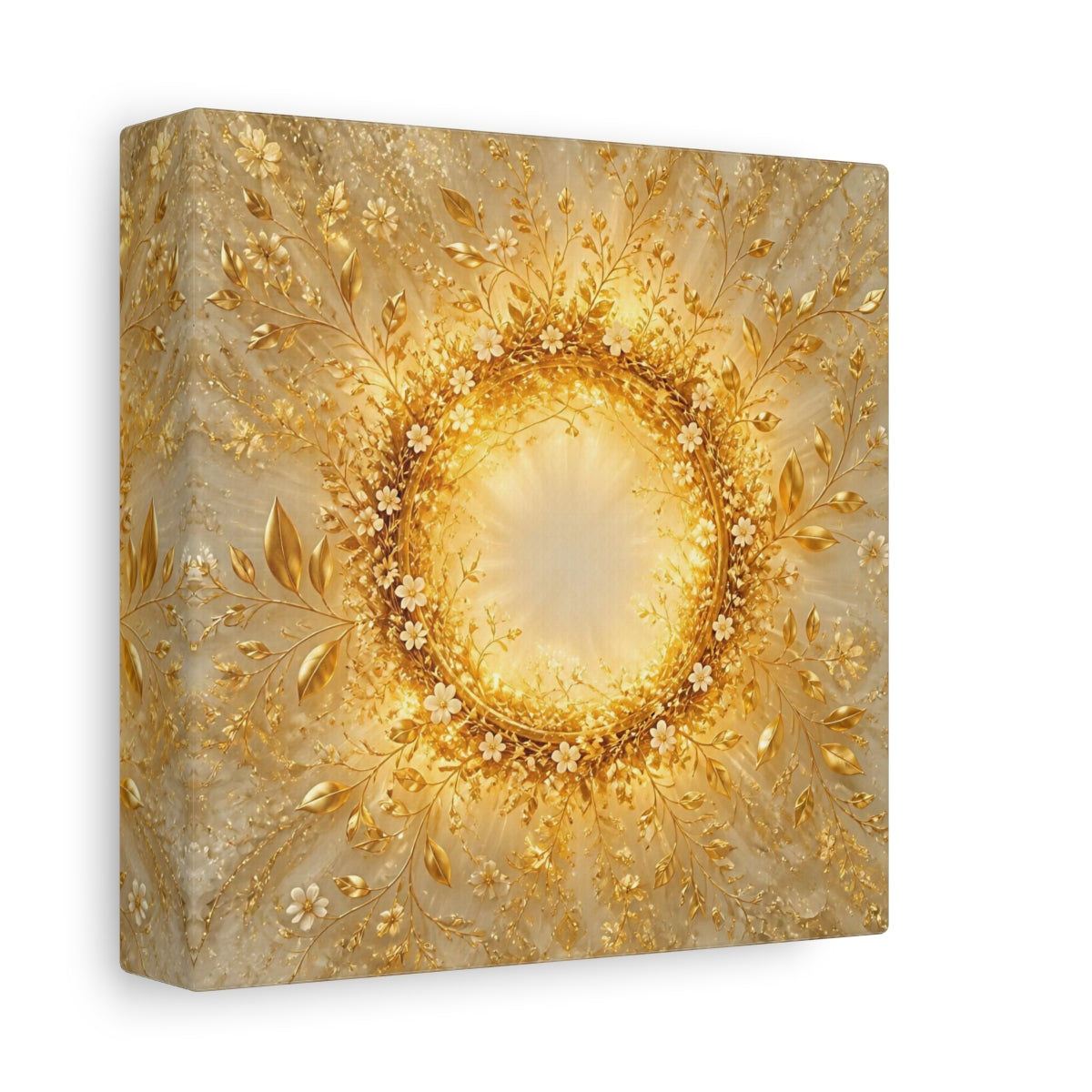 Side Mockup 2. Floral Floral Wreath Gold Floral shown as stretched canvas wall art