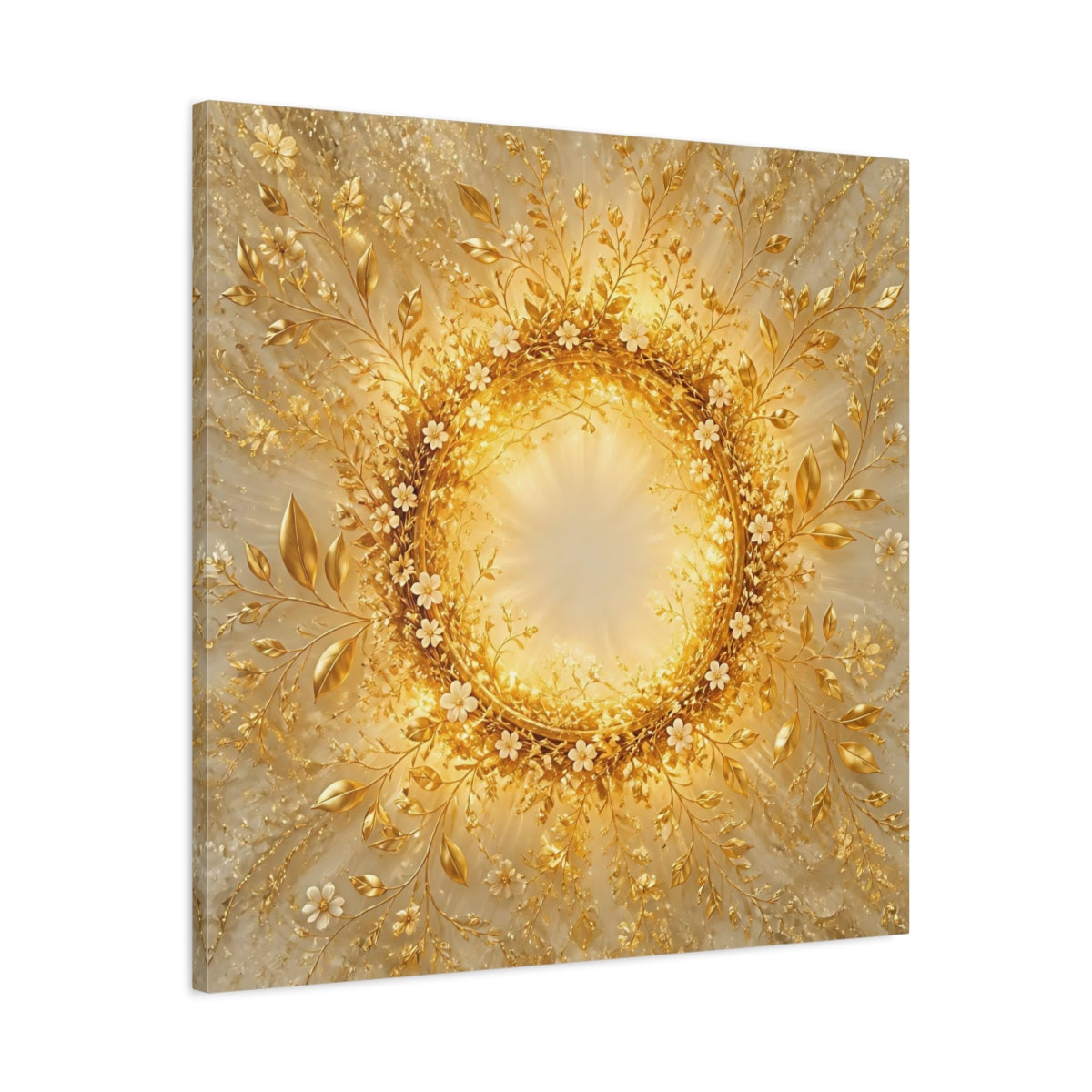 Side Mockup 3. Floral Floral Wreath Gold Floral shown as stretched canvas wall art