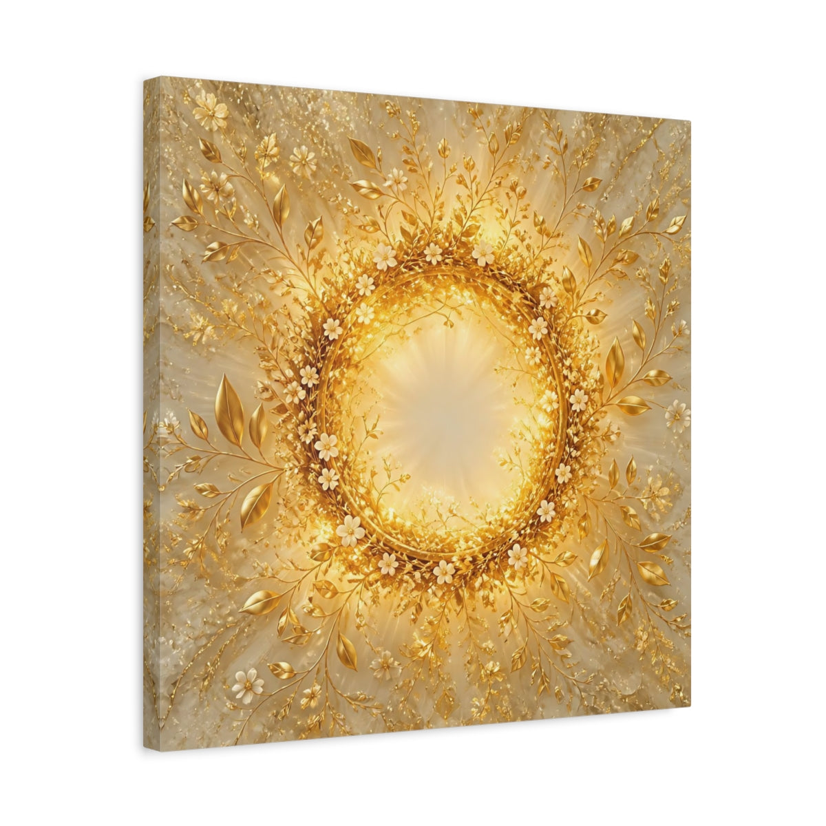 Side Mockup 5. Floral Floral Wreath Gold Floral shown as stretched canvas wall art