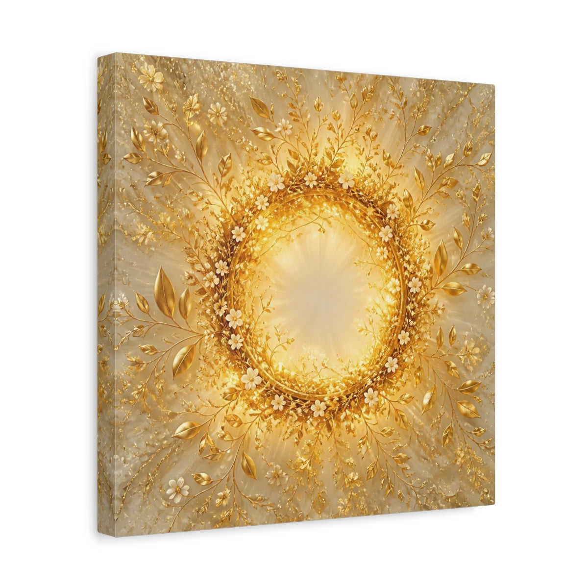 Side Mockup 7. Floral Floral Wreath Gold Floral shown as stretched canvas wall art